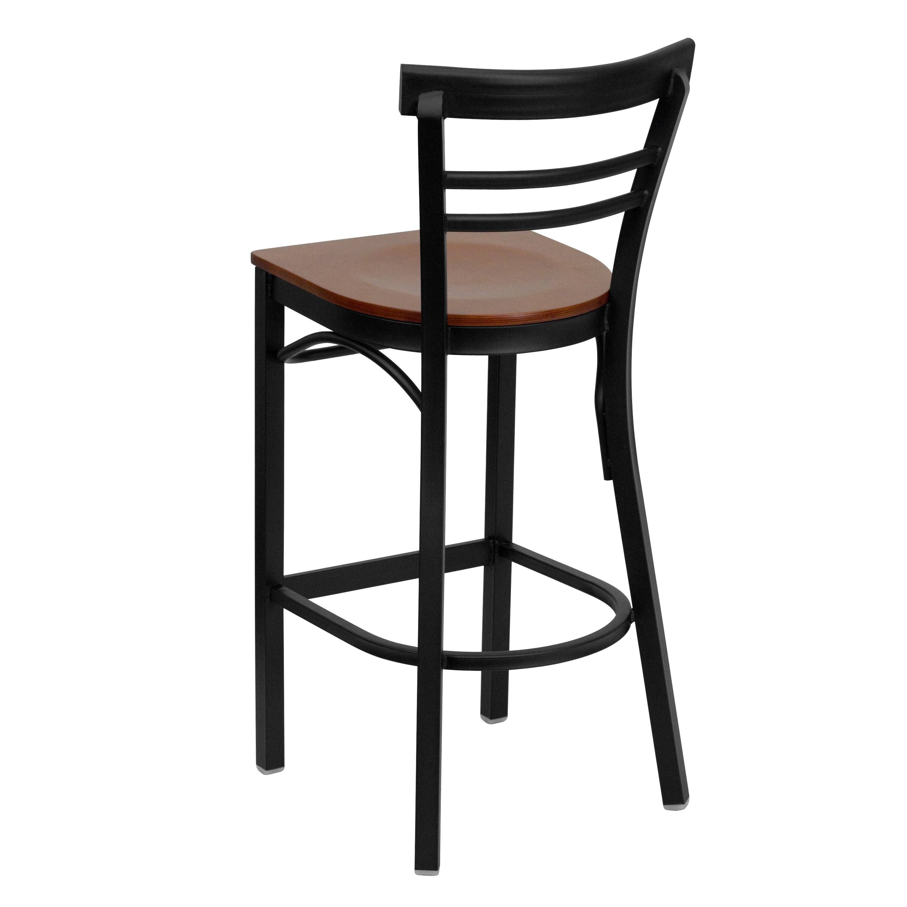 Alt View 3. Emma + Oliver - Two-Slat Ladder Back Metal Restaurant Dining Barstool - Cherry Wood Seat/Black Metal Frame.