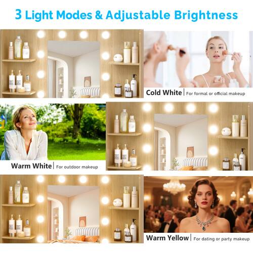 3 Light Modes & Adjustable Brightness

Cold White | For formal or official makeup

Warm White | For outdoor makeup

Warm Yellow | For dating or party makeup