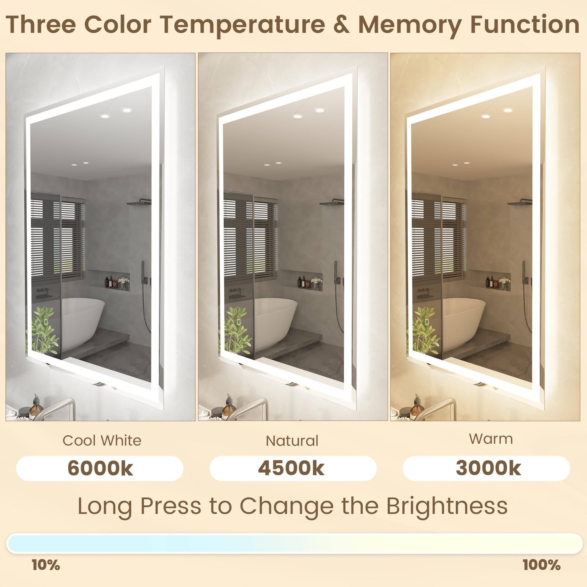 Three Color Temperature & Memory Function

Cool White 6000k  
Natural 4500k  
Warm 3000k  

Long Press to Change the Brightness  

10% 100%