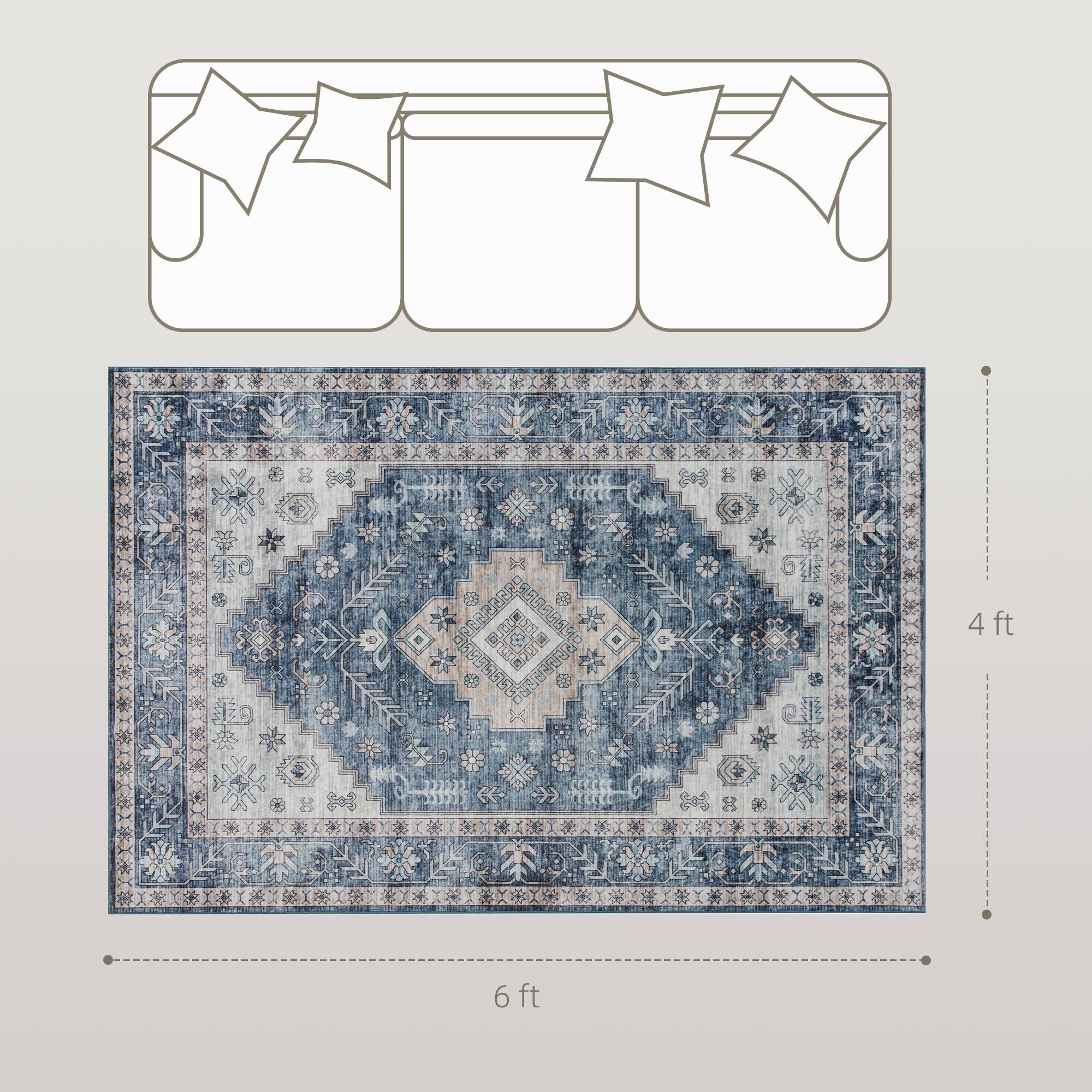 Alt View 3. Homcom - HOMCOM 4x6 Vintage Rug: Mach-Wash Non-Slip Indoor Boho Blue Distressed Carpet, Living Room - Blue.