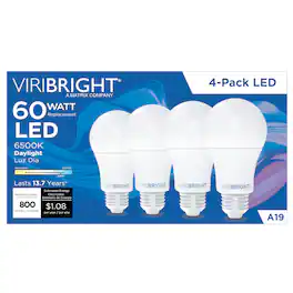VIRIBRIGHT - A19 LED Bulb, 9W, Non-Dimmable, 800 Lumens - 6500K (4 Pack)
