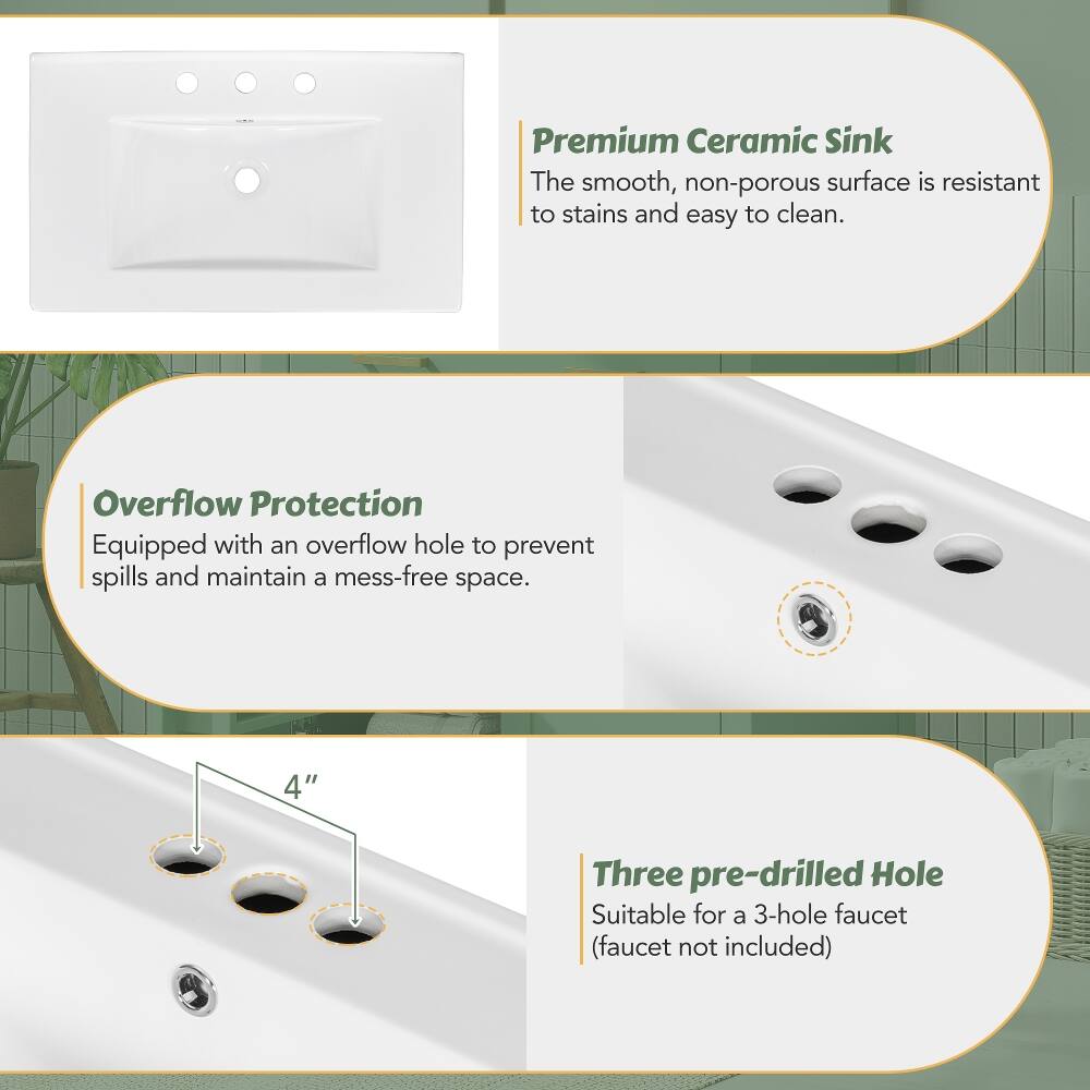 Premium Ceramic Sink  
The smooth, non-porous surface is resistant to stains and easy to clean.

Overflow Protection  
Equipped with an overflow hole to prevent spills and maintain a mess-free space.

4"  
Three pre-drilled Hole  
Suitable for a 3-hole faucet (faucet not included)