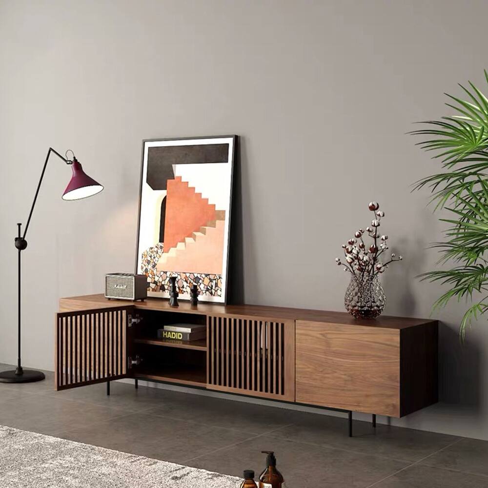 Left. POVISON - 71" Modern Wood TV Stand, Minimalist Slatted Media Console with Tall-cast Metal Legs, Walnut Veneer - Walnut.