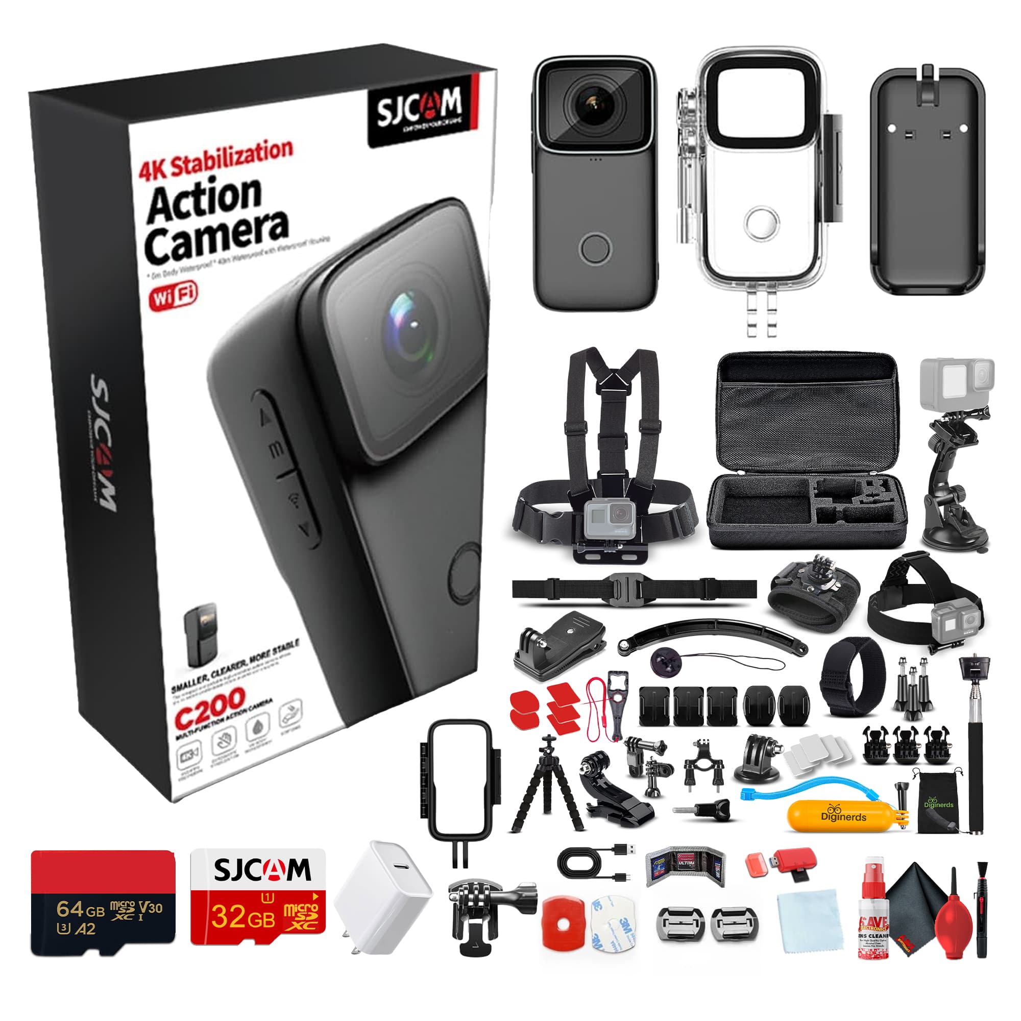 SJCAM - C200 4K Mini Action Camera Accessory Bundle