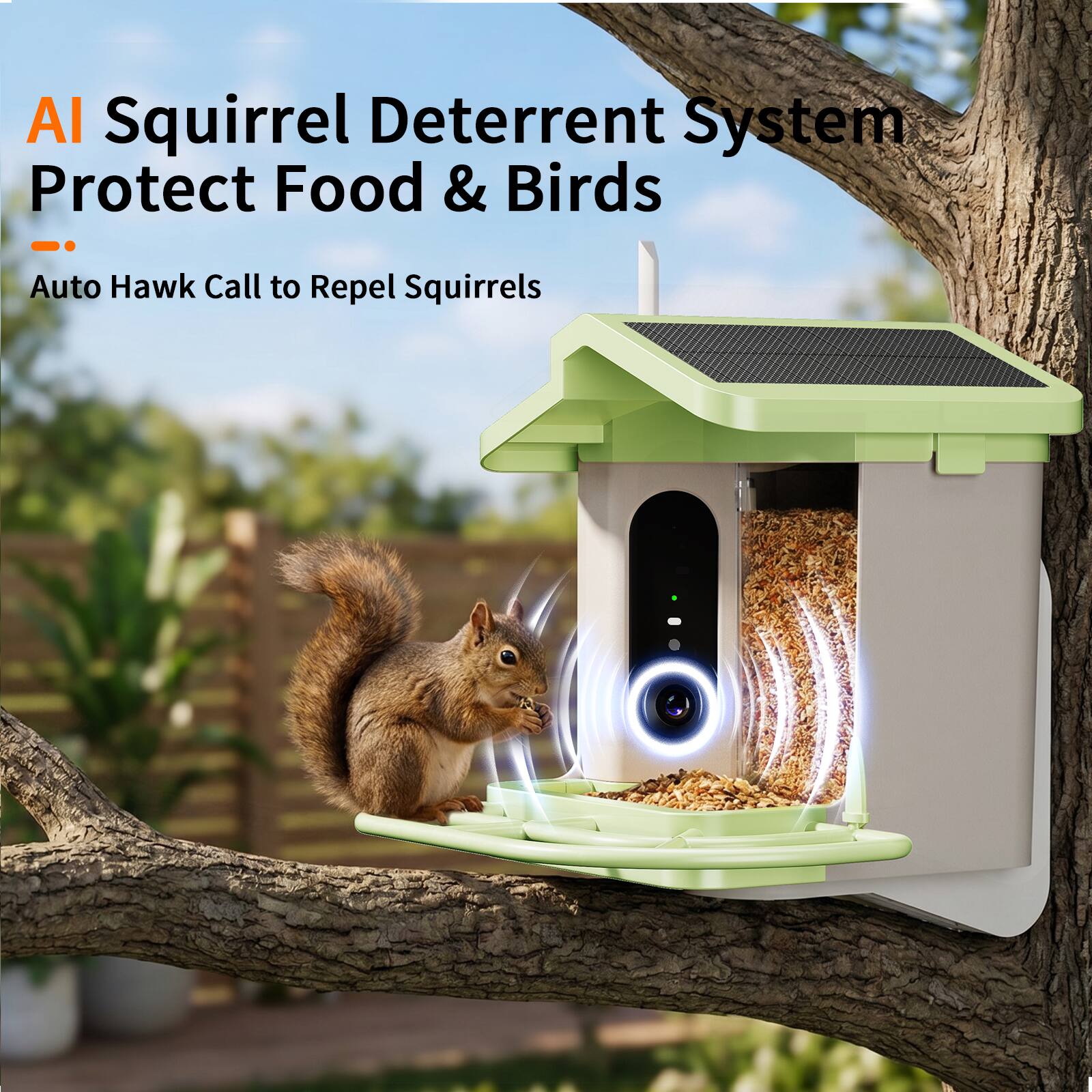 AI Squirrel Deterrent System Protect Food & Birds  
Auto Hawk Call to Repel Squirrels