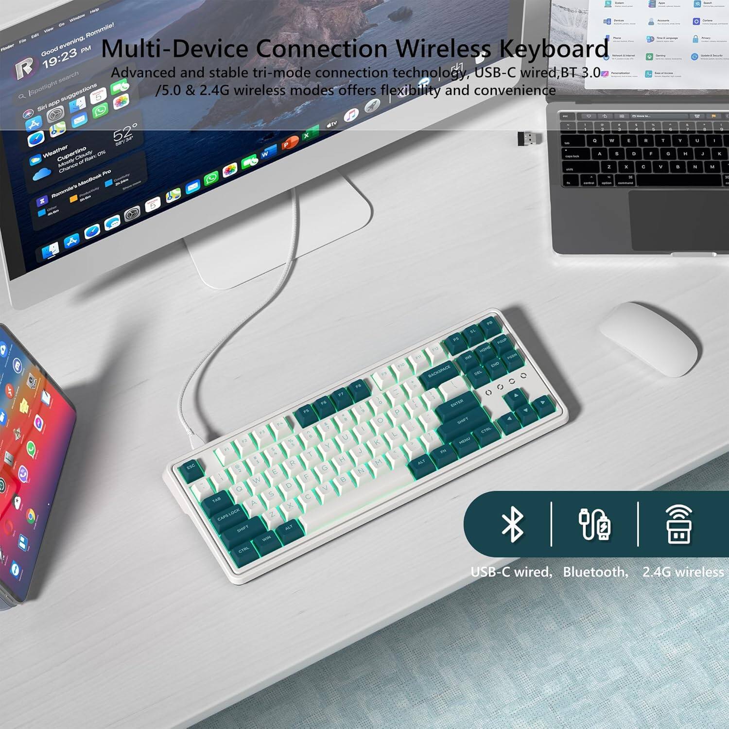 Multi-Device Connection Wireless Keyboard

Advanced and stable tri-mode connection technology, USB-C wired, BT 3.0, 5.0 & 2.4G wireless modes offer flexibility and convenience

USB-C wired, Bluetooth, 2.4G wireless