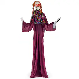 Gymax - 6 FT Halloween Animatronic Standing Girl Holding Book Haunted House Decoration - Purple