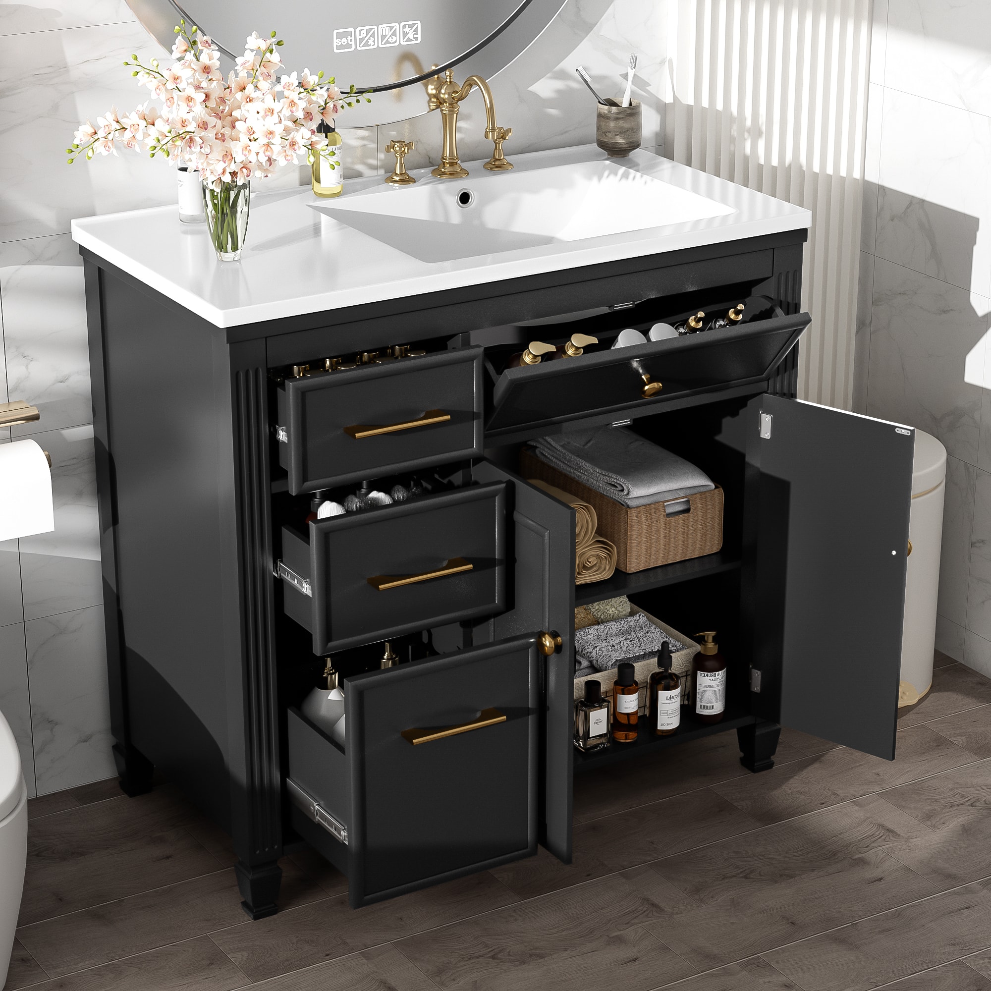 Tiramisubest - 36" Bathroom Vanity with Sink, Ceramic Sink, One Tip-out Drawer, 3 Side Drawers, Adjustable Shelf - Black