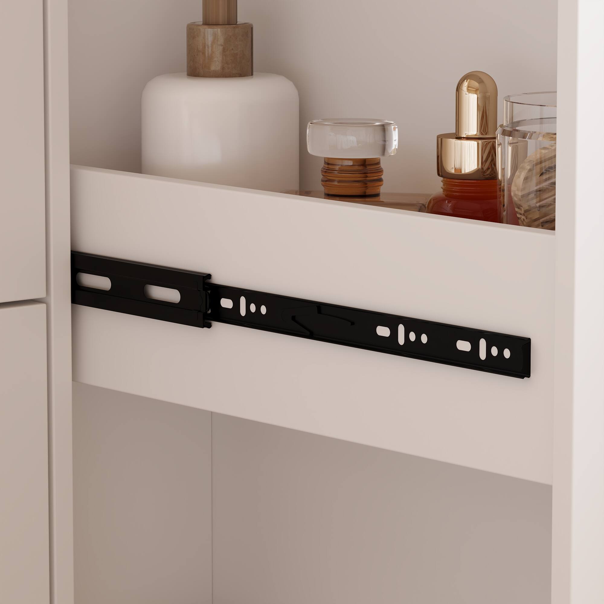 The image shows a close-up of a shelf with a few items on it. There is a white ceramic container with a wooden lid, a metallic container with a wooden base, and a glass container with a golden lid. Below the shelf, there is a black metal bracket attached to the wall.
