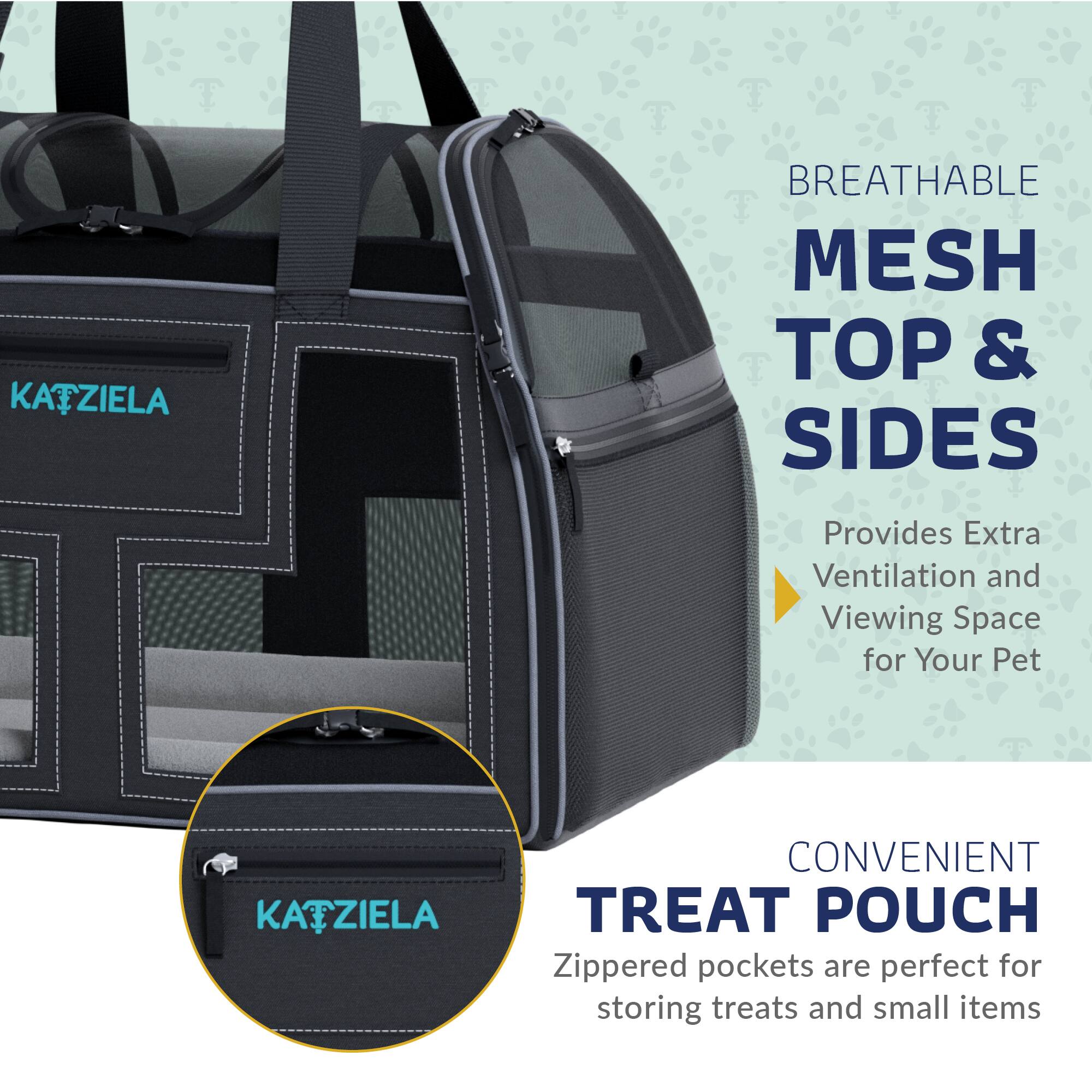 KATZIELA BREATHABLE MESH TOP & SIDES  
Provides Extra Ventilation and Viewing Space for Your Pet  

KATZIELA CONVENIENT TREAT POUCH  
Zippered pockets are perfect for storing treats and small items