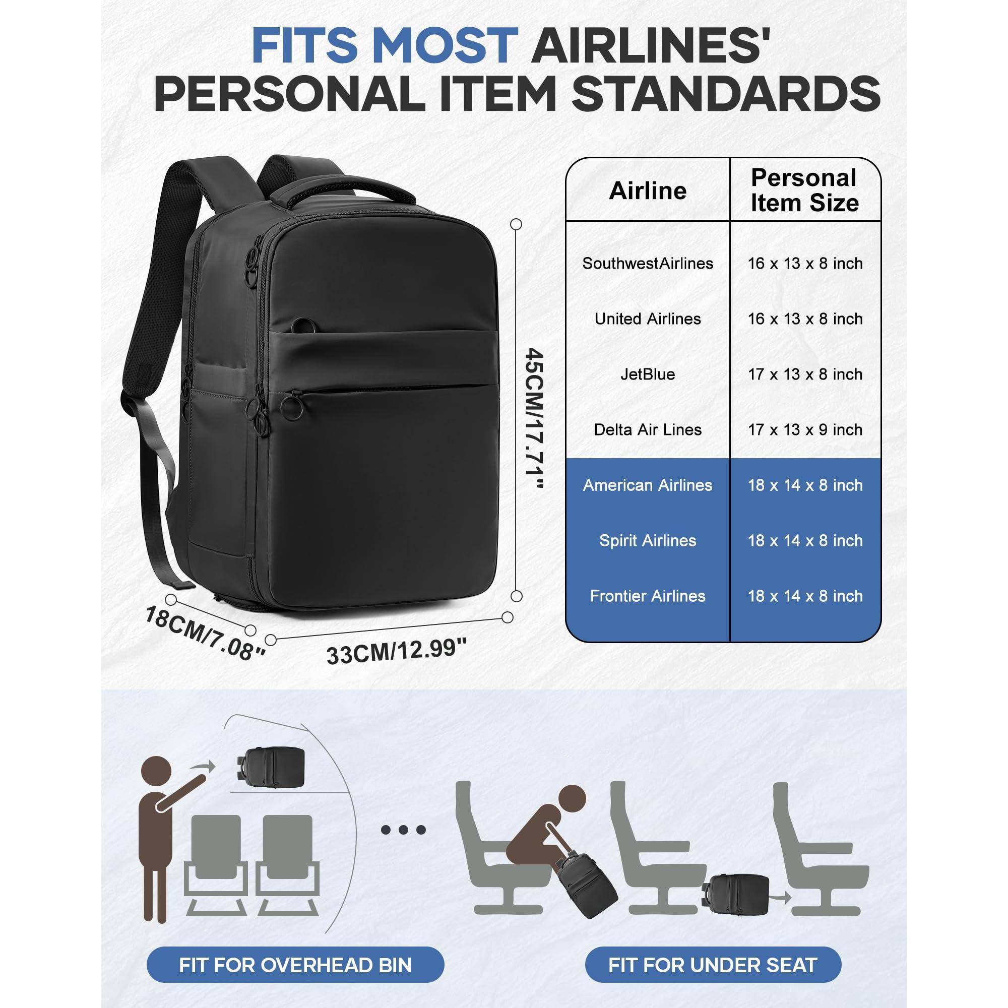 FITS MOST AIRLINES' PERSONAL ITEM STANDARDS

Airline | Personal Item Size
--- | ---
Southwest Airlines | 16 x 13 x 8 inch (45CM/17.71")
United Airlines | 16 x 13 x 8 inch
JetBlue | 17 x 13 x 8 inch
Delta Air Lines | 17 x 13 x 9 inch
American Airlines | 18 x 14 x 8 inch
Spirit Airlines | 18 x 14 x 8 inch
Frontier Airlines | 18 x 14 x 8 inch

18CM/7.08" | 33CM/12.99"

FIT FOR OVERHEAD BIN

FIT FOR UNDER SEAT