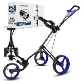 SereneLife - SLGZX9 3-Wheel Golf Push Cart, Deluxe Scorecard Holder, Adjustable Handle, Quick Braking System - Blue