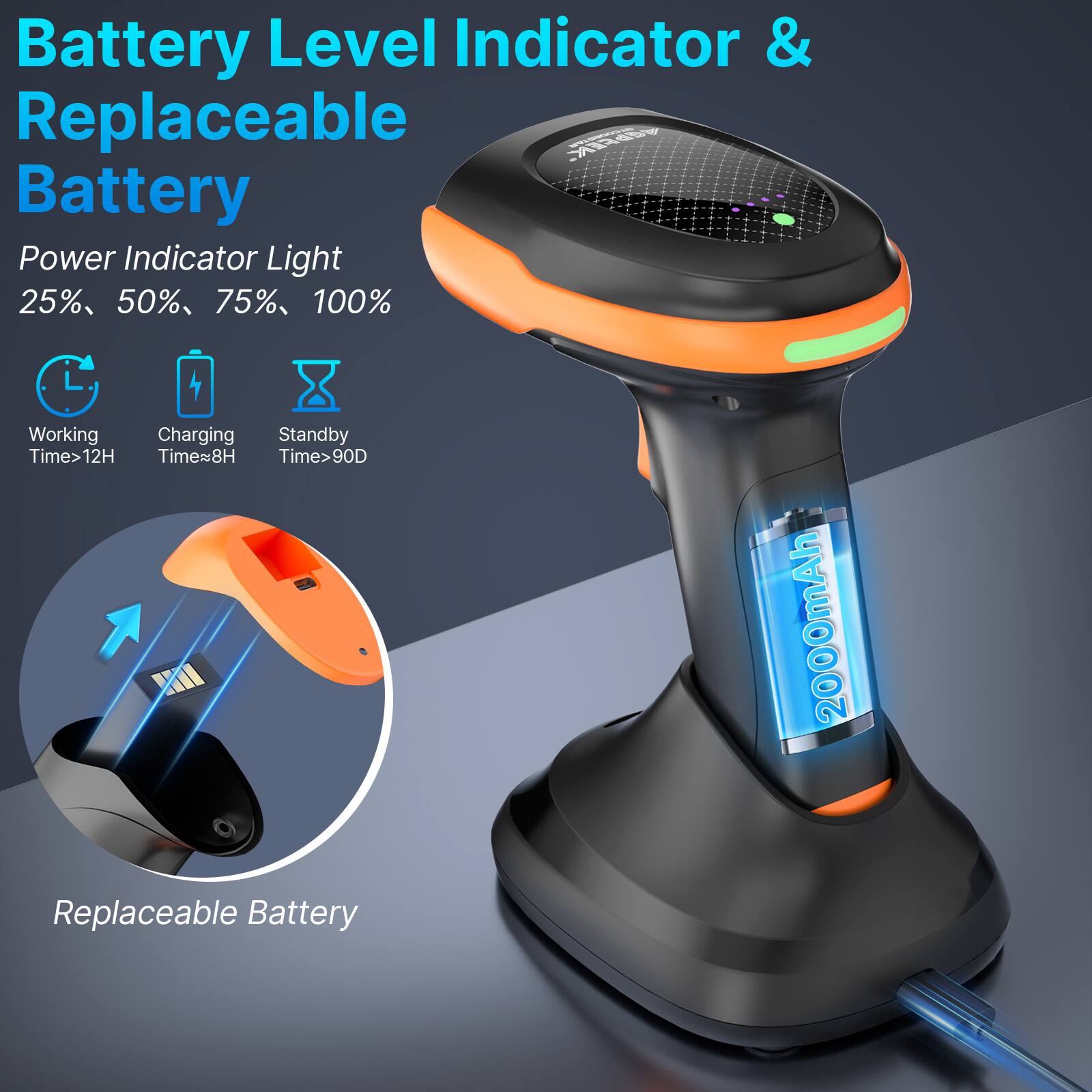 Battery Level Indicator & Replaceable Battery

Power Indicator Light
25%, 50%, 75%, 100%

Working Time > 12H
Charging Time ≈ 8H
Standby Time > 90D

Replaceable Battery

2000mAh