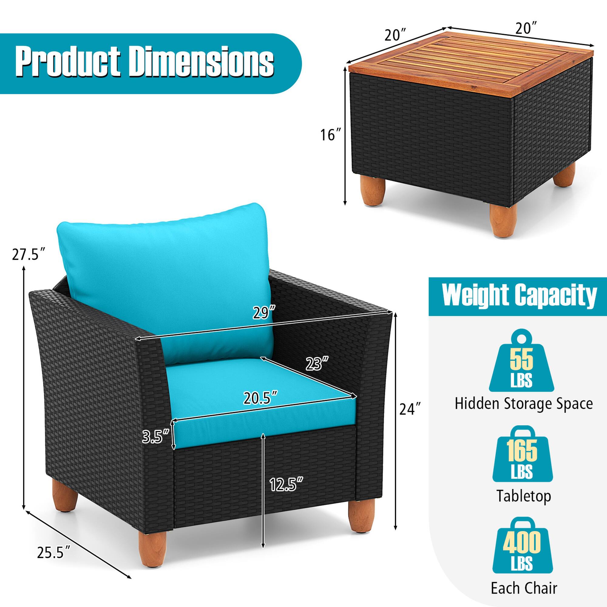 Product Dimensions: 20", 20", 16", 27.5", 29", 23", 20.5", 12.5", 24", 25.5"

Weight Capacity: 55 LBS, 165 LBS, 400 LBS Each Chair

Hidden Storage Space: 165 LBS, Tabletop: 400 LBS Each Chair