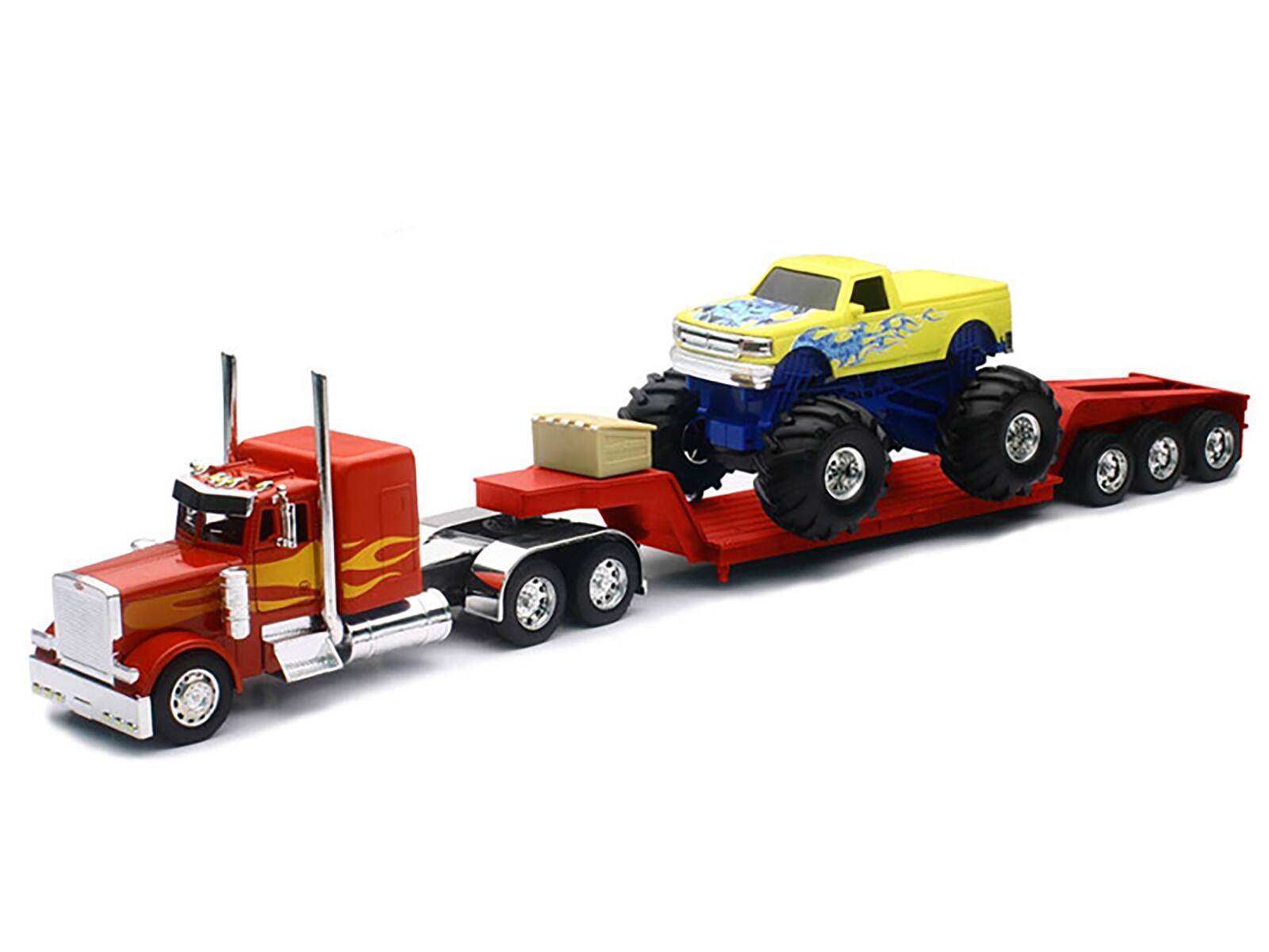 Angle. New Ray - Peterbilt 379 Truck with Lowboy Trailer Red/Orange Flames and Monster Truck Yellow/Blue Flames 1/32 "Long Haul Truckers" - Multi.