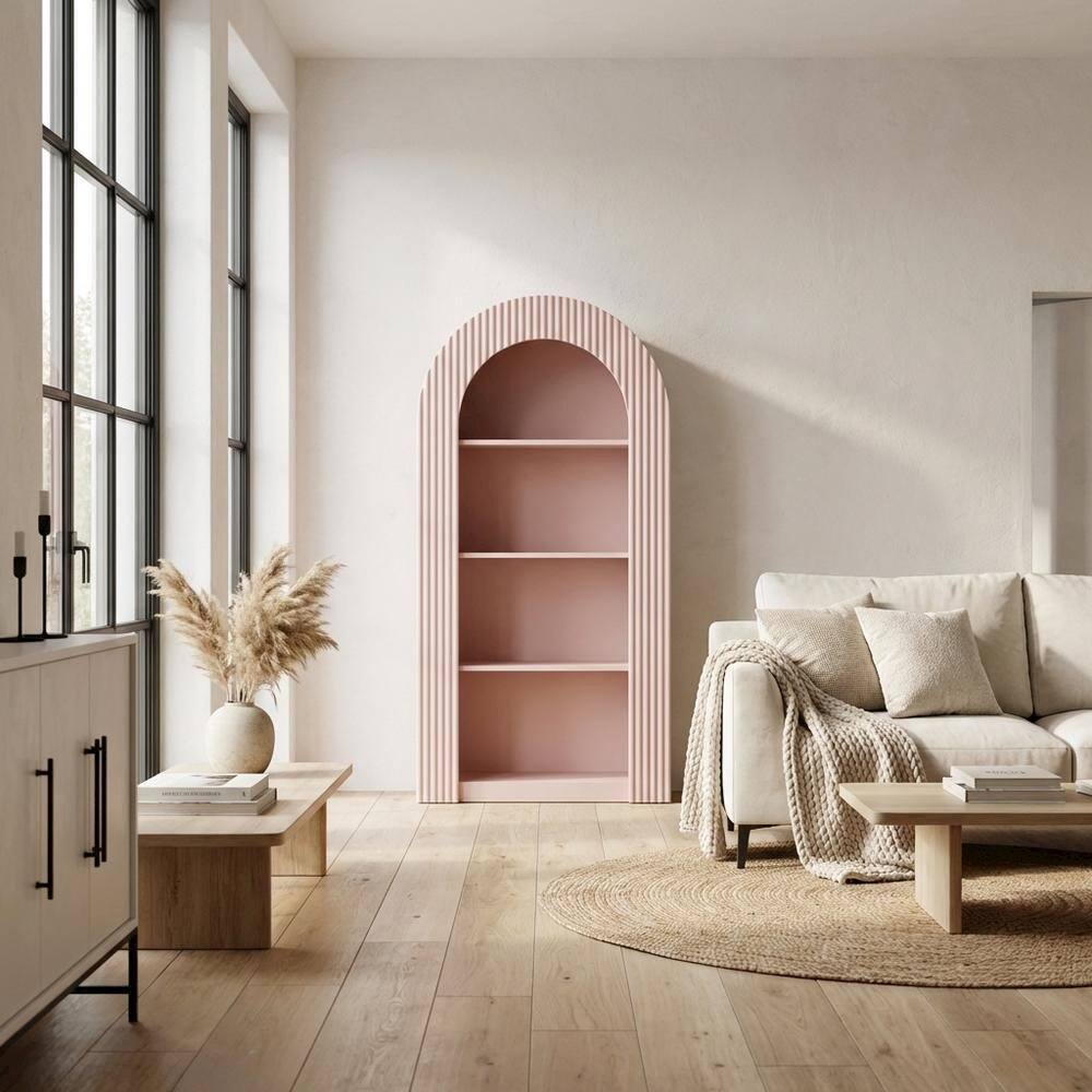 Left. FurniFact - Red arched bookshelf with spacious shelves and nylon accents - Pink.