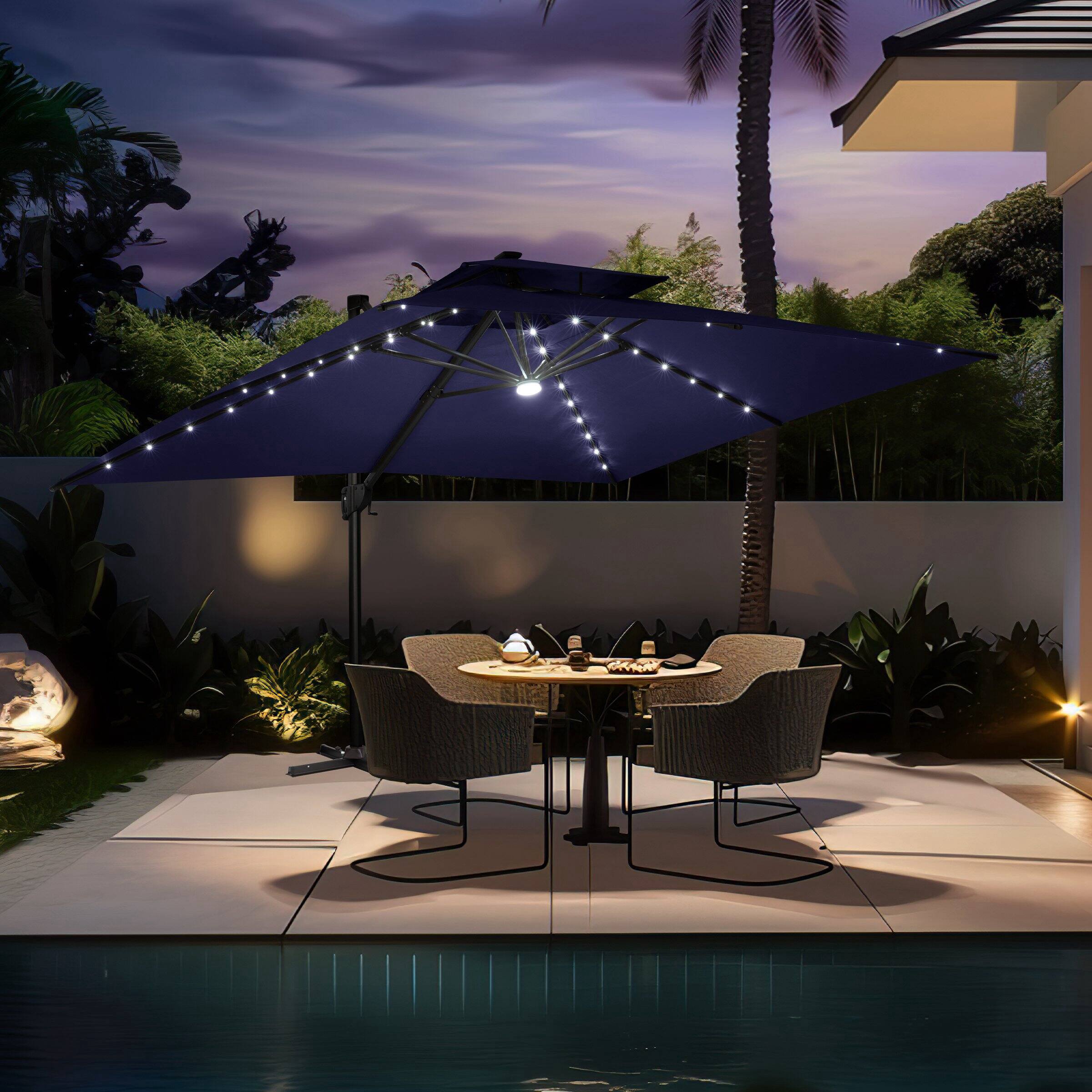 Alt View 6. Crestlive Products - Crestlive Products 10x13ft Aluminum Double Top Crank Cantilever Patio Umbrella with Lights with Base - Navy blue.