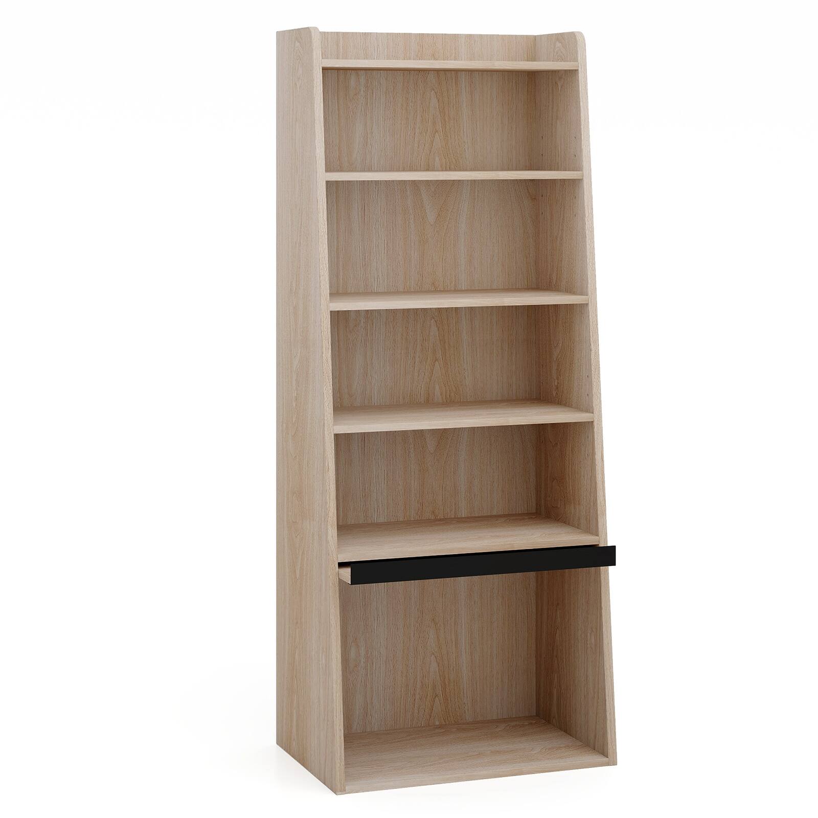Sugift - 6-Tier Bookcase Freestanding Ladder Bookshelf with 2 Adjustable Shelves and Flip Up Door - Dark Brown