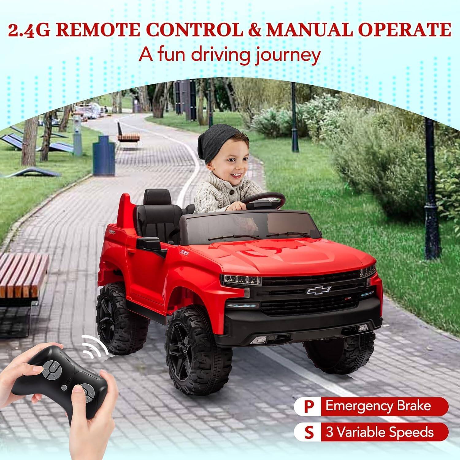 2.4G REMOTE CONTROL & MANUAL OPERATE  
A fun driving journey  

P Emergency Brake  
S 3 Variable Speeds