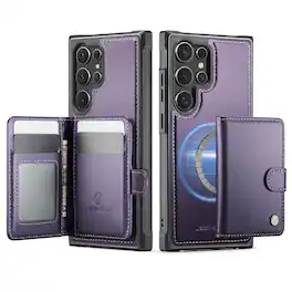 Dteck - For Samsung Galaxy S26 Ultra Leather Flip Stand RFID Leather Wallet Mag Safe Case With Deachable Card Holder - Purple