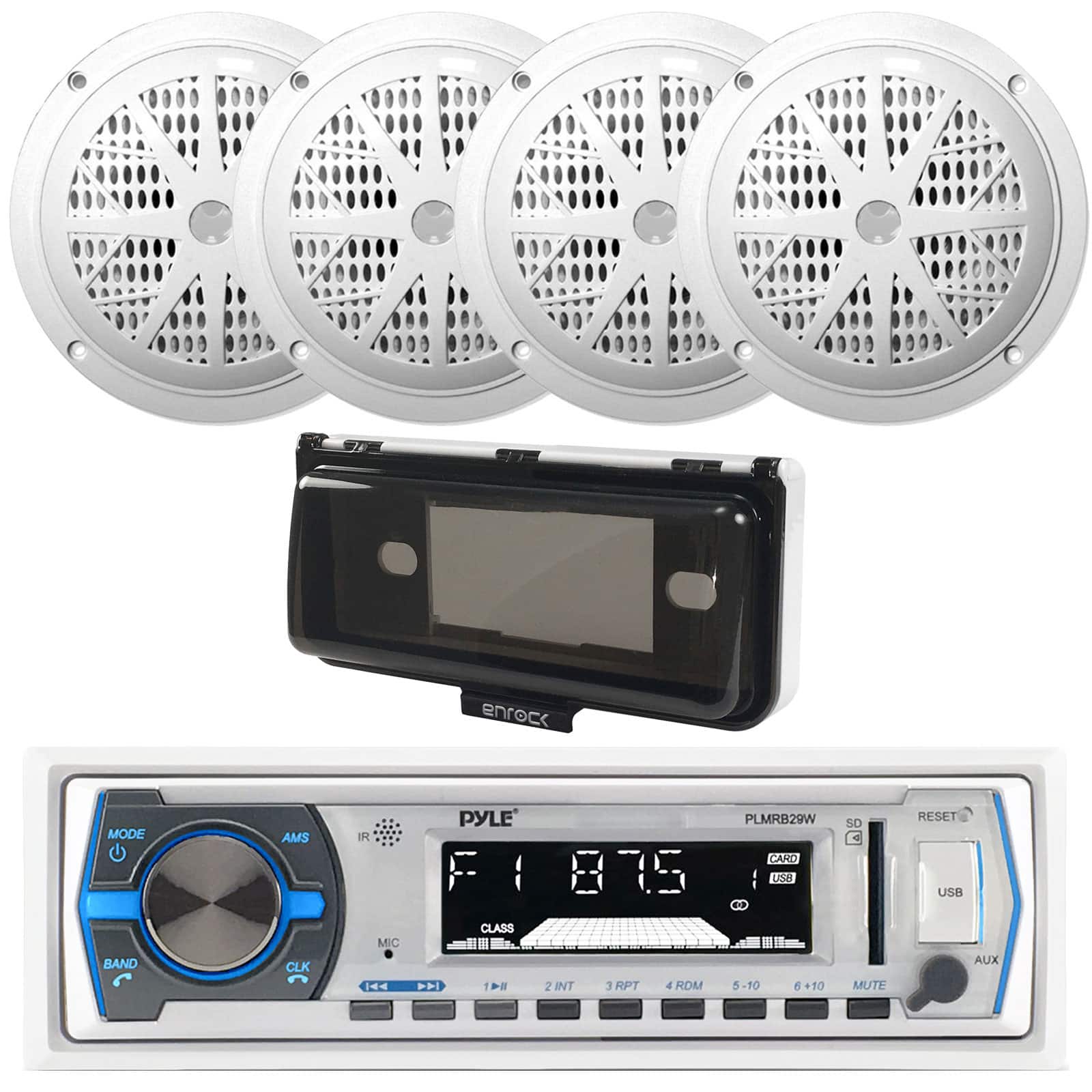 Pyle - PLMRB29W Marine MP3 Radio Bluetooth Digital Media Receiver, Cover, 4x 6.5" 150W Dual Cone Speakers (White)