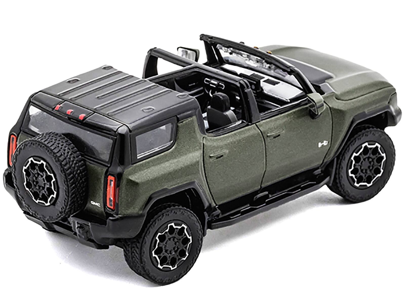 Angle. GCD - 2023 GMC Hummer EV SUV Green Metallic with Black Top 1/64 Diecast Model Car by GCD - Green Metallic with Black.