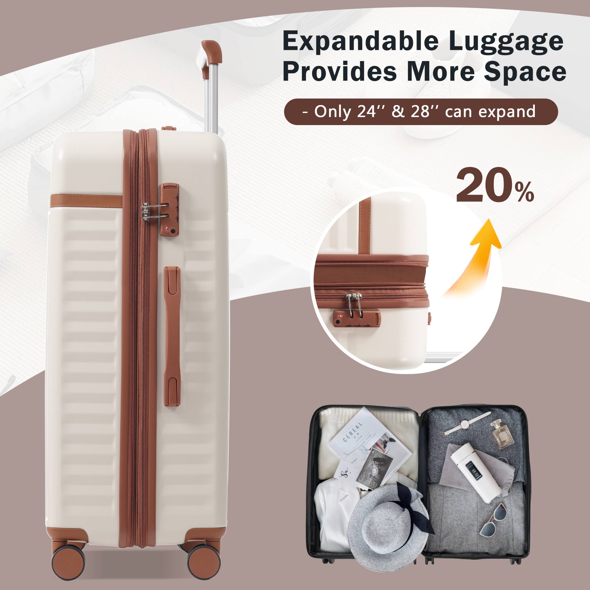 Expandable Luggage Provides More Space  
- Only 24" & 28" can expand  
20%