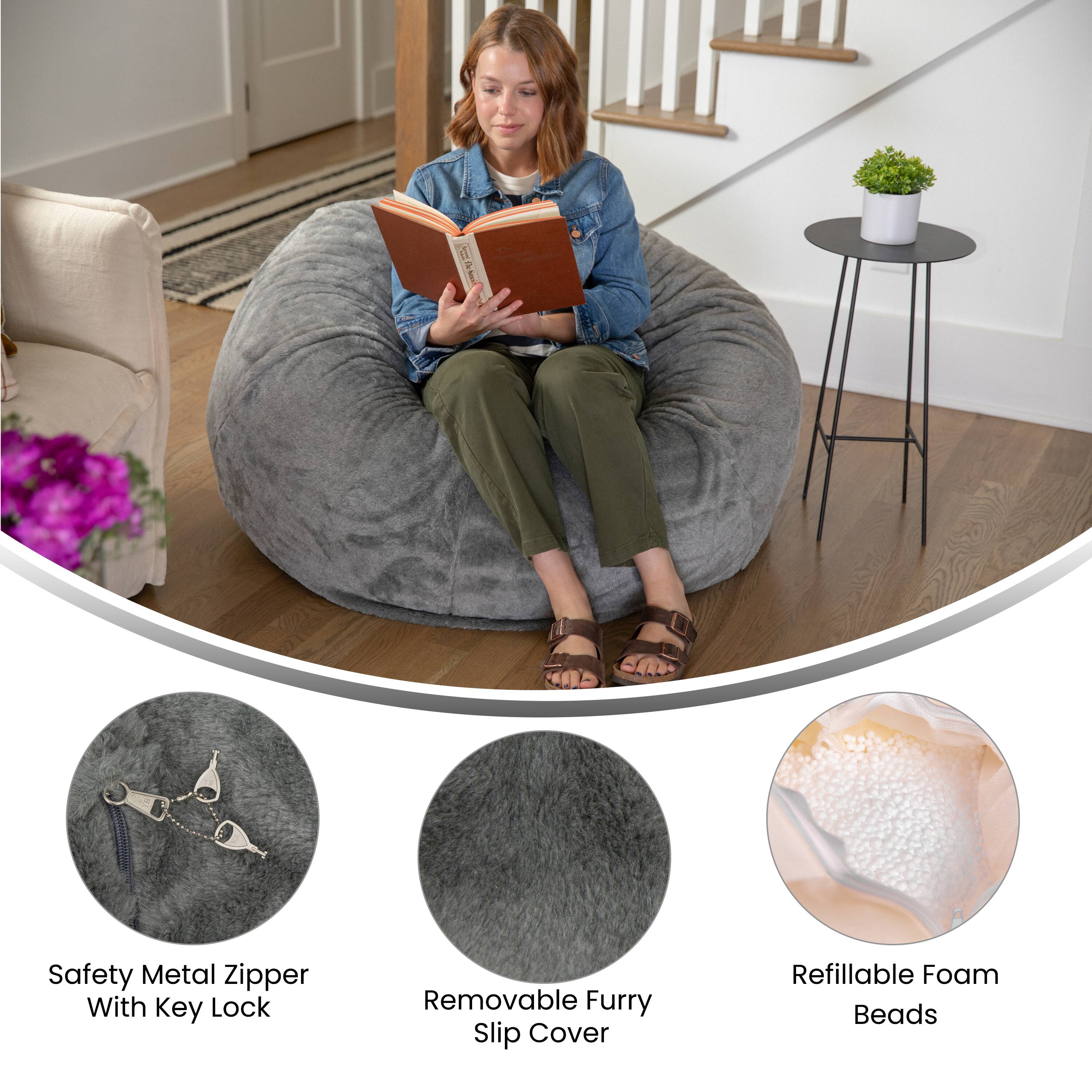 Safety Metal Zipper With Key Lock  
Removable Furry Slip Cover  
Refillable Foam Beads