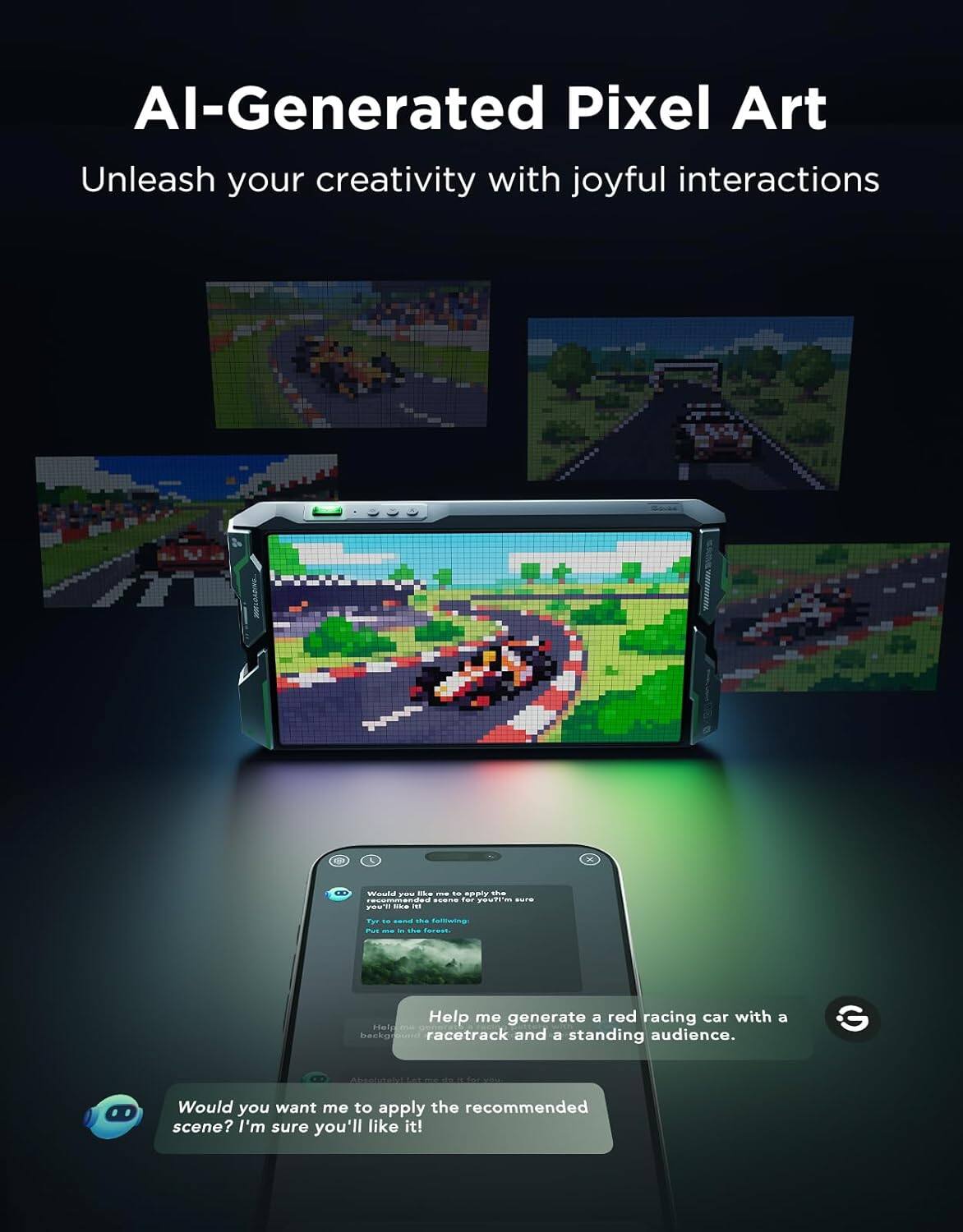 AI-Generated Pixel Art  
Unleash your creativity with joyful interactions  

Would you like me to apply the recommended scene? I'm sure you'll like it!  

Help me generate a red racing car with a racetrack and a standing audience.