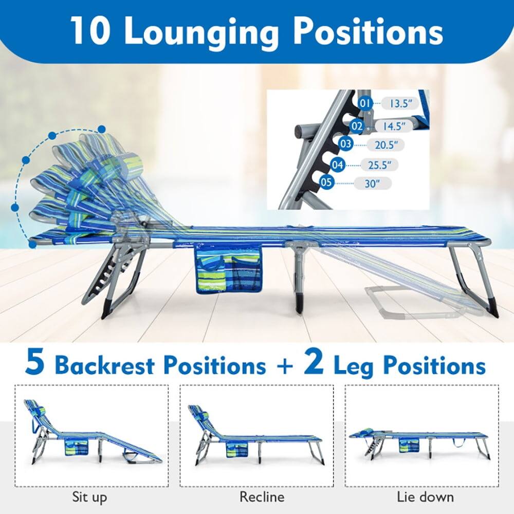 10 Lounging Positions

01 13.5"
02 14.5"
03 20.5"
04 25.5"
05 30"

5 Backrest Positions + 2 Leg Positions

Sit up
Recline
Lie down
