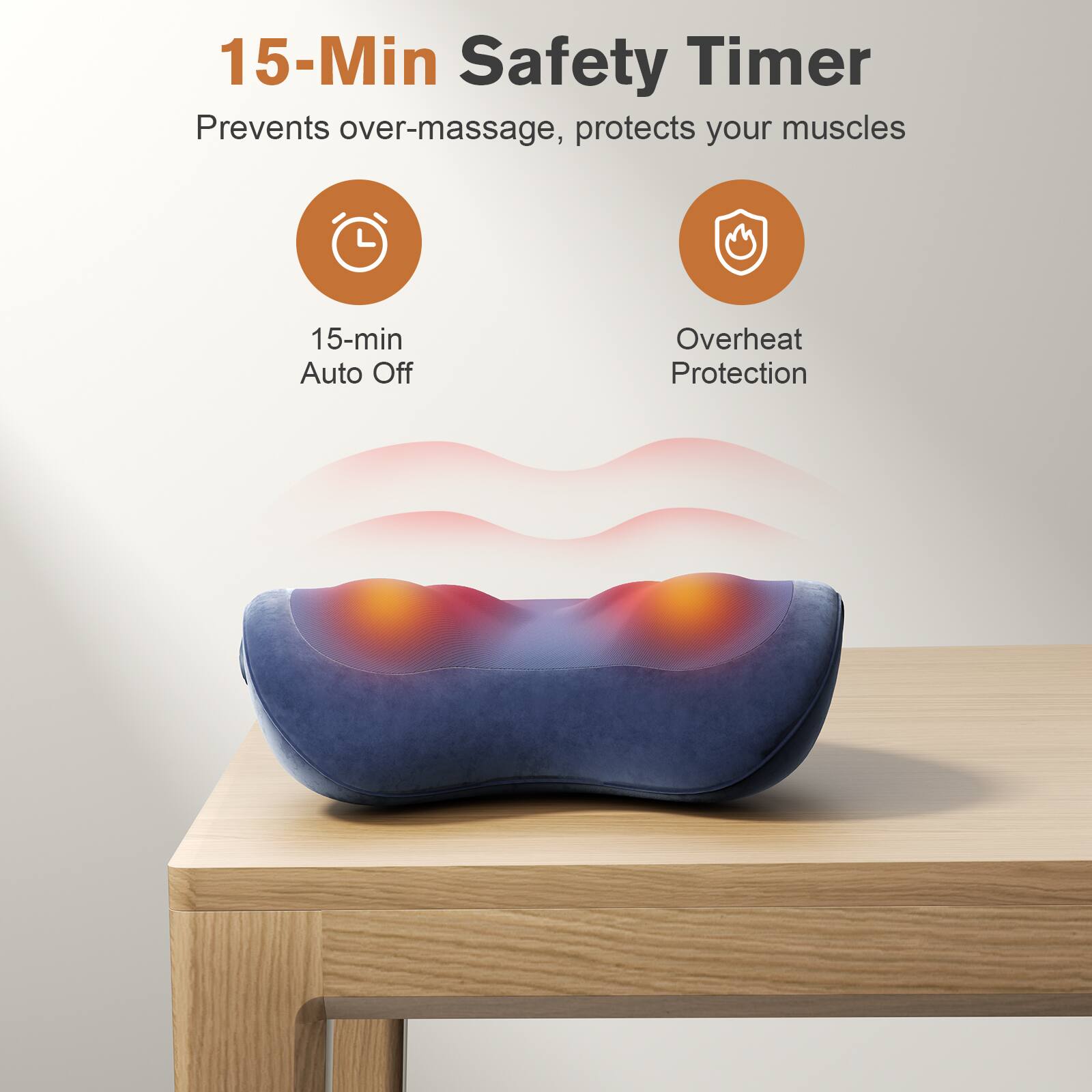 15-Min Safety Timer  
Prevents over-massage, protects your muscles  

15-min Auto Off  
Overheat Protection