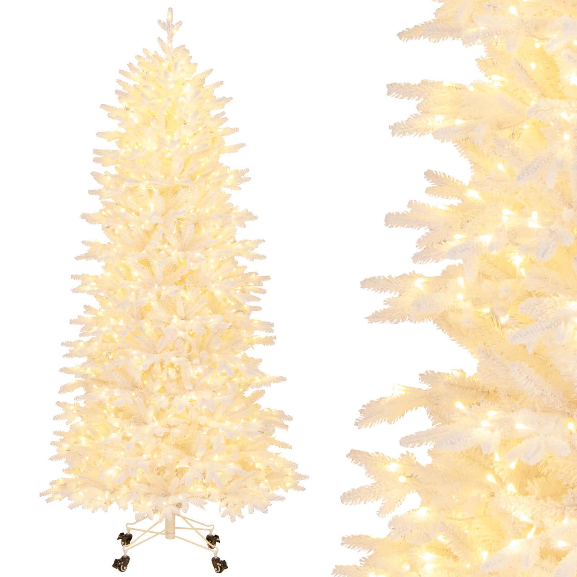 Costway - 7 FT Artificial Xmas Tree with 1880 PE PVC Branch Tips 900 Warm LED Lights - White
