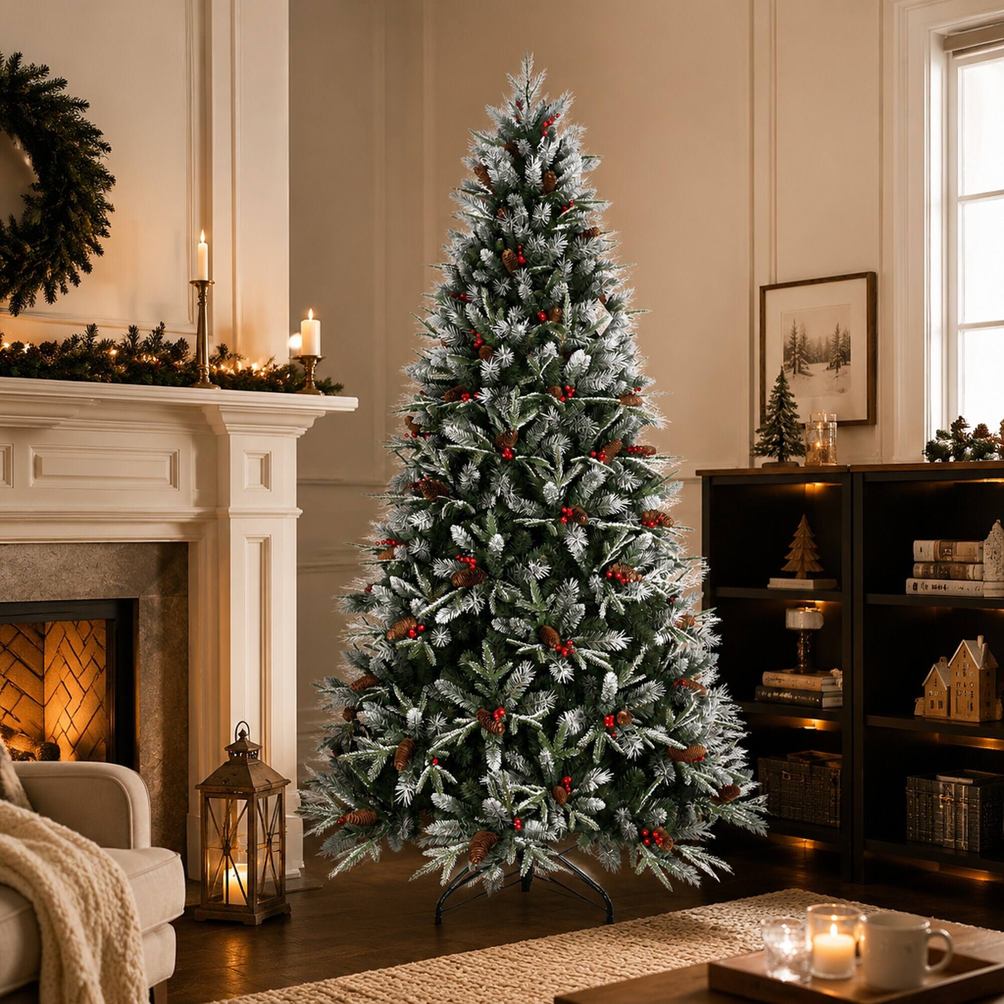Left. RYHNUYNE - 7.5FT Christmas Tree With Red Berries Pine Cones, 2514 Snow-Dusted PE+PVC Branches Hinged Design Sturdy Metal Stand - Green,White.
