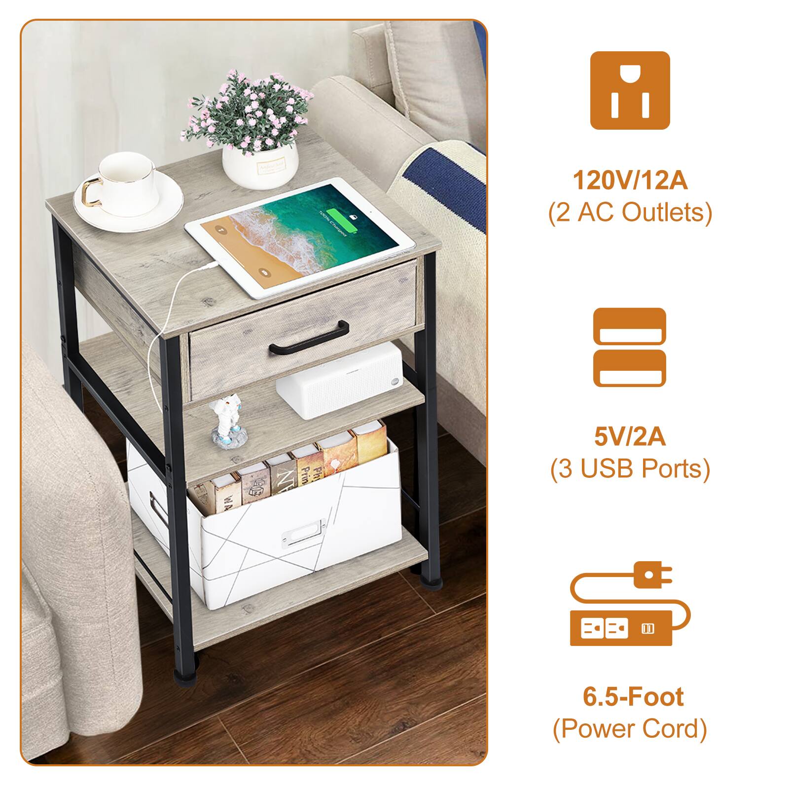 - 120V/12A (2 AC Outlets)
- 5V/2A (3 USB Ports)
- 6.5-Foot (Power Cord)