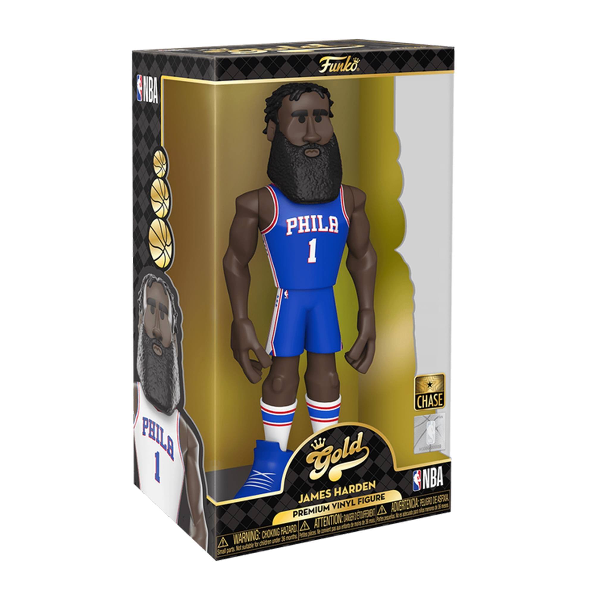 NBA Funko  
PHILA 1  
CHASE  
Gold  
JAMES HARDEN  
PREMIUM VINYL FIGURE  
ATTENTION: CHOKING HAZARD - Small parts. Not for children under 3 years.