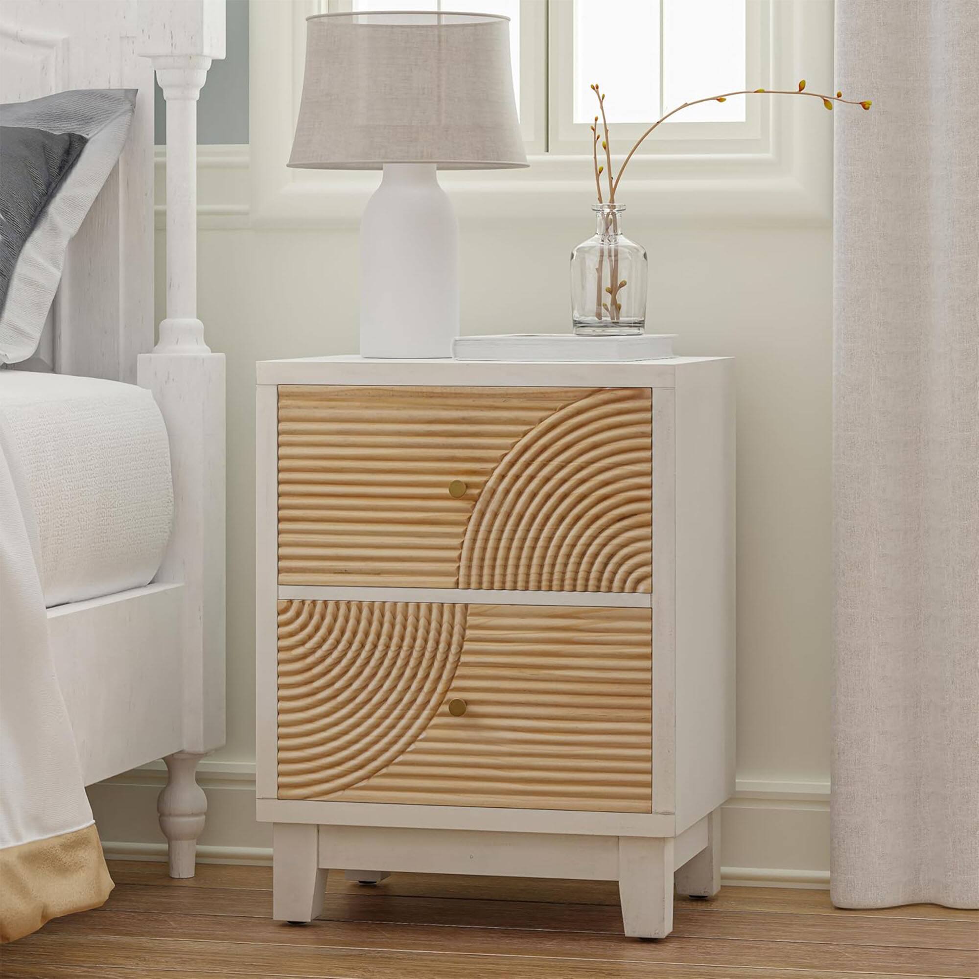 Alt View 7. COZAYH - COZAYH 2-Drawer Farmhouse Bedroom Nightstand w/ Rustic Wood Ring Pattern, White - White.