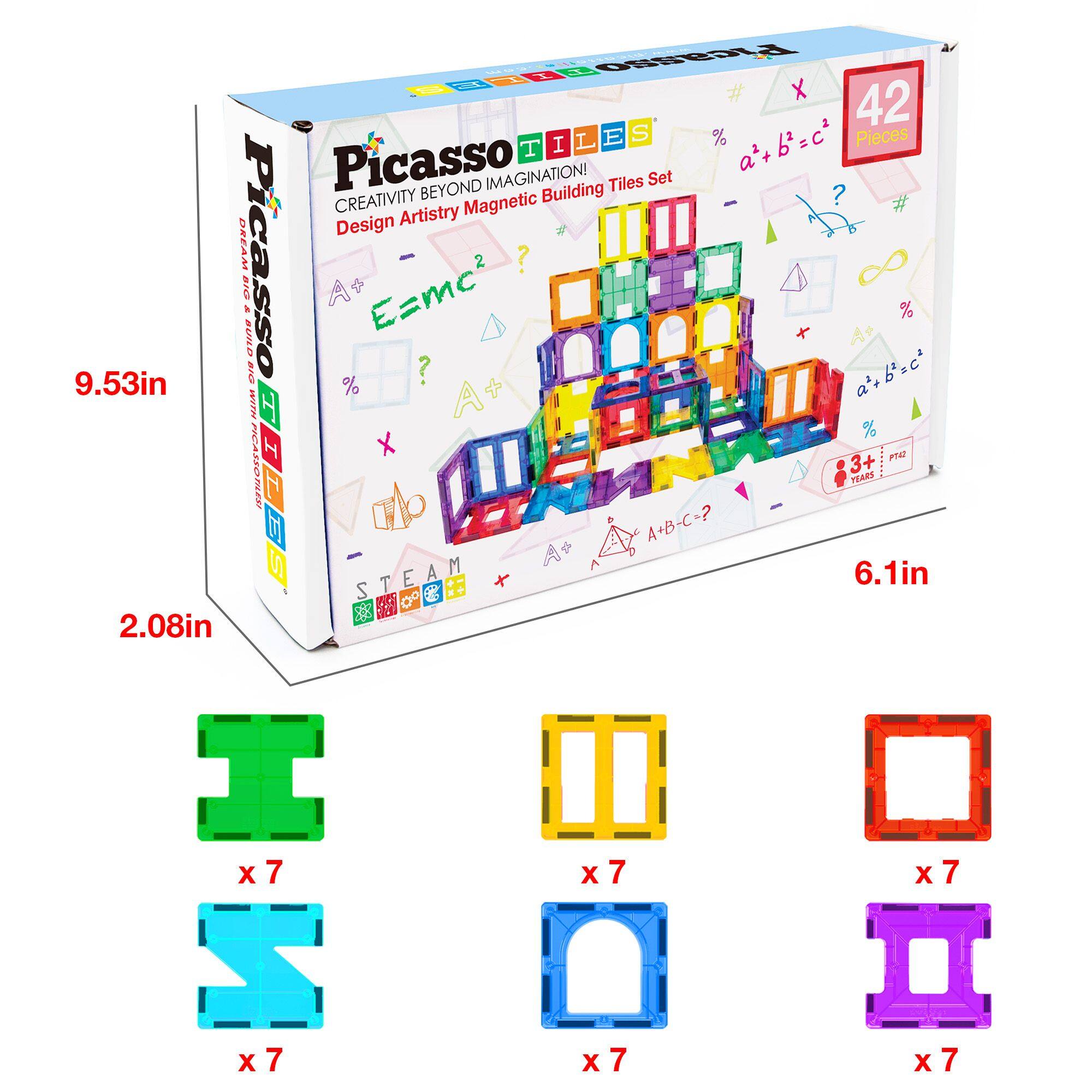 Picasso Tiles  
Creativity Beyond Imagination!  
Design Artistry Magnetic Building Tiles Set  

42 Pieces  

3+ Years  

9.53in  
6.1in  
2.08in  

A+  
E=mc²  
a+b=c²  
A+B-C=?  
STEAM  

x 7  
x 7  
x 7  
x 7  
x 7