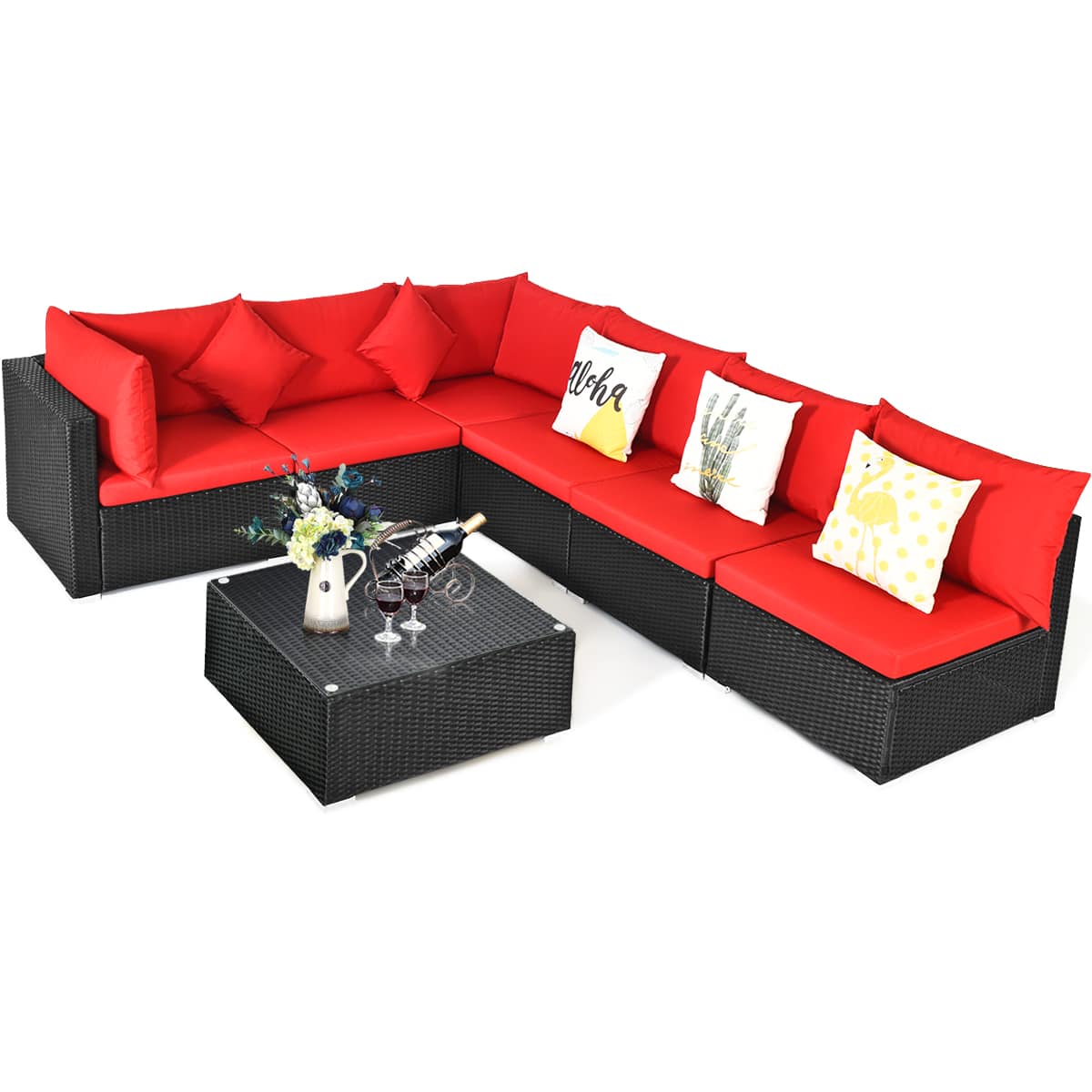 Costway - 7PCS Patio Wicker Sofa Set Sectional Conversation Furniture Set Garden - Red