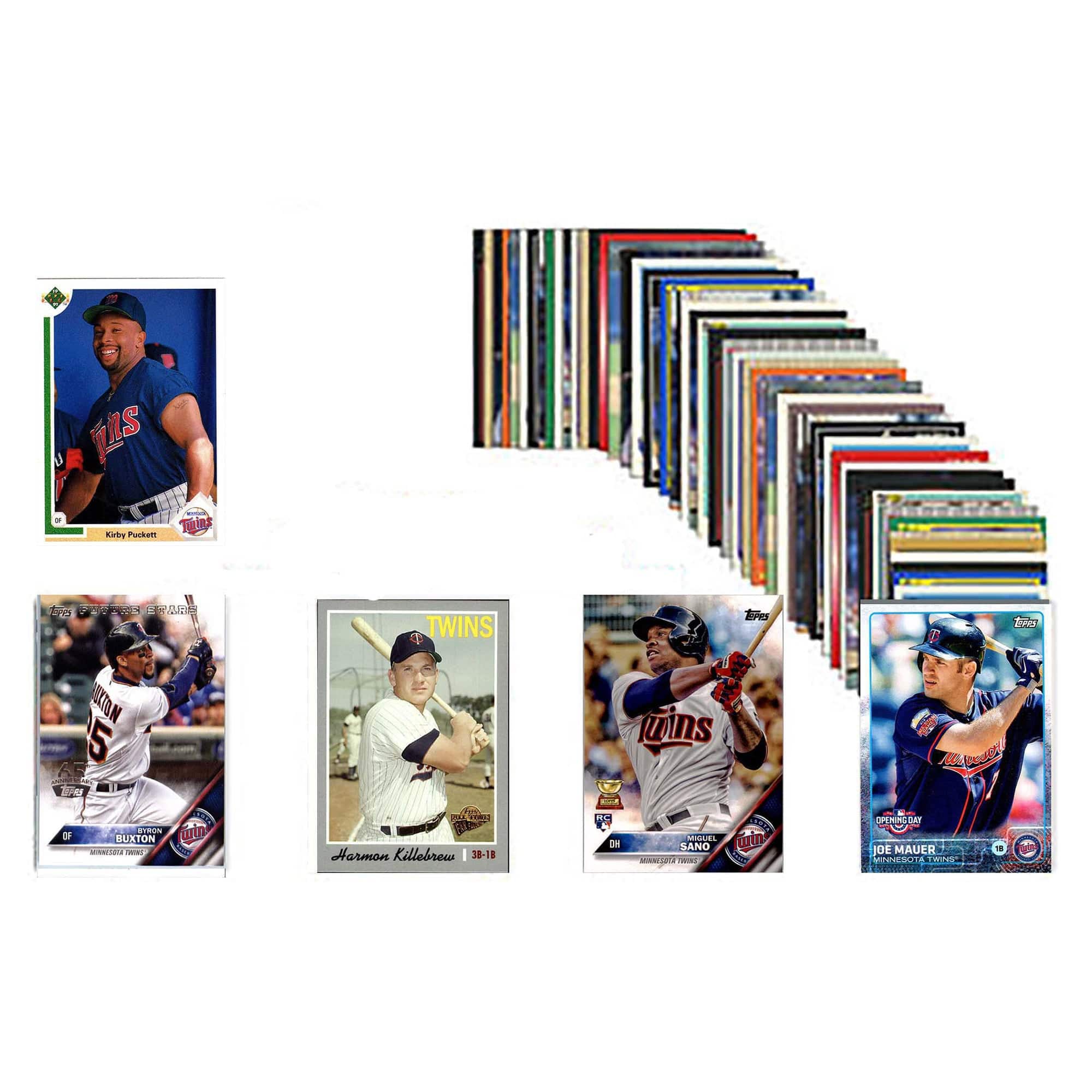 Sure, here is the corrected and grouped text from the image:

---

**Top Left Card:**
- Kirby Puckett
- Minnesota Twins

**Top Right Cards:**
- 75th Anniversary
- OF BUXTON
- Minnesota Twins
- Harmon Killebrew
- 3B-1B
- Joe Mauer
- DH
- Minnesota Twins

**Bottom Left Card:**
- Kirby Puckett
- Minnesota Twins

**Bottom Right Cards:**
- 75th Anniversary
- OF BUXTON
- Minnesota Twins
- Harmon Killebrew
- 3B-1B
- Joe Mauer
- DH
- Minnesota Twins

**Text on the Image:**
- S - Kirbe Pwkum Tuint Lo P 00 Fle D TWINS EP C ESITON 5 i ..dia OF BUXTON RECM N SED WL P Clan M Harmon Killebrew : 1-BE 38 8 uins - MC SO win 3e SANO SNES E Csc DPNINGS DE MAUER 2ESO - Leches

---

This text appears to be a mix of card details and possibly a description or notes related to the cards.