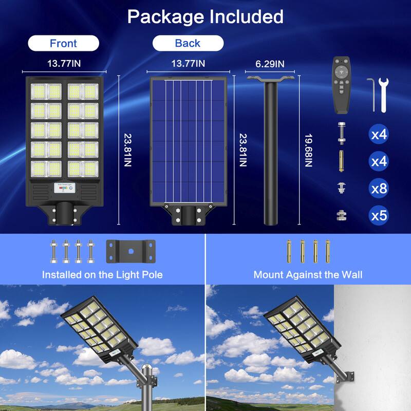 Front Package Included  
Back  
13.77IN  
13.77IN  
6.29IN  
23.81IN  
23.81IN  
19.68IN  
x4  
x4  
x8  
x5  
Installed on the Light Pole  
Mount Against the Wall