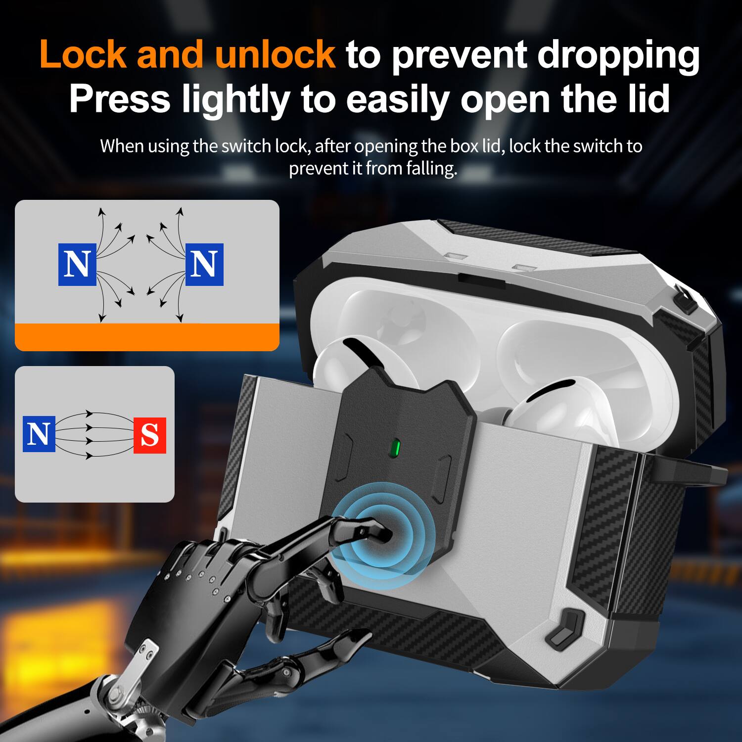 Lock and unlock to prevent dropping  
Press lightly to easily open the lid  
When using the switch lock, after opening the box lid, lock the switch to prevent it from falling.