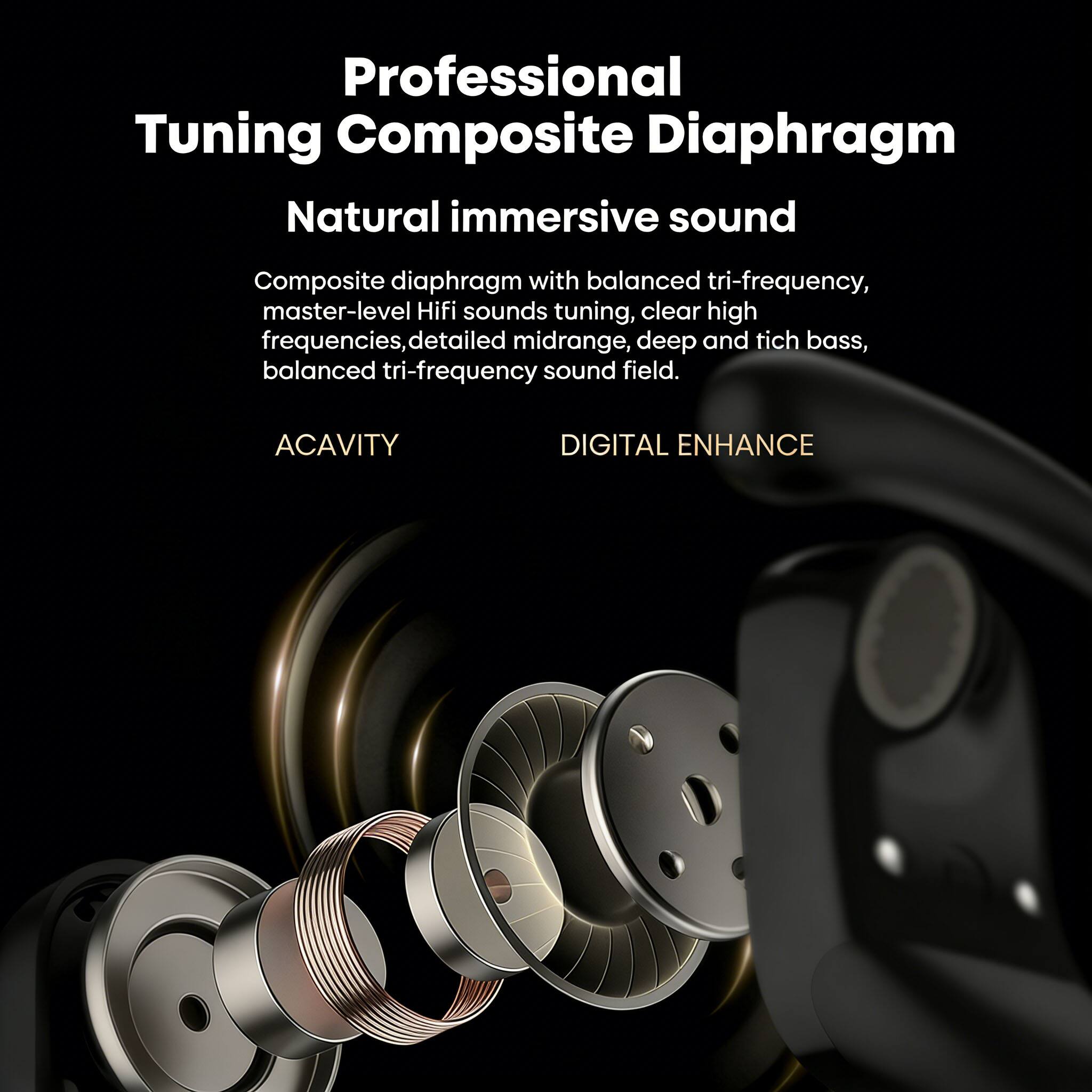 Professional Tuning Composite Diaphragm  
Natural immersive sound  

Composite diaphragm with balanced tri-frequency, master-level HiFi sounds tuning, clear high frequencies, detailed midrange, deep and rich bass, balanced tri-frequency sound field.  

ACAVITY  
DIGITAL ENHANCE