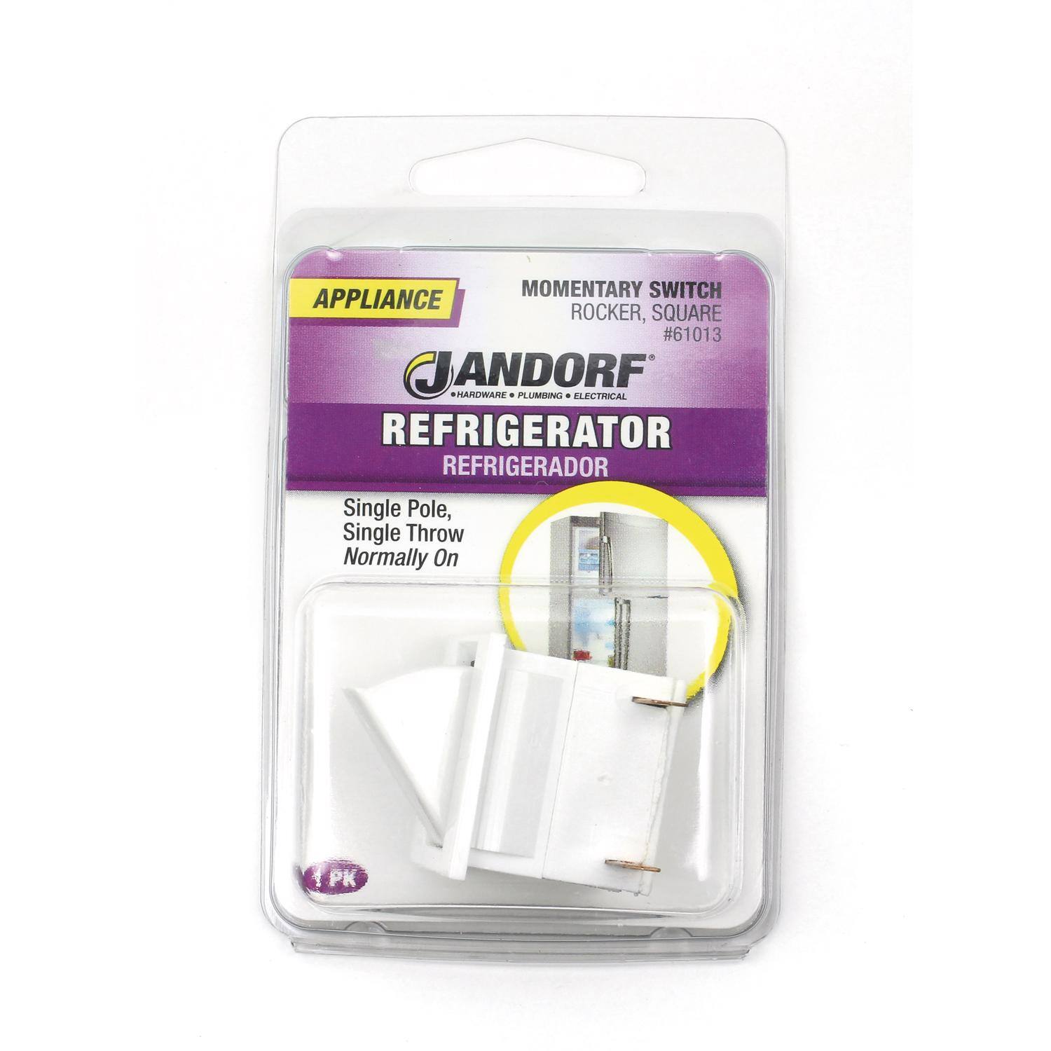 MOMENTARY SWITCH APPLIANCE ROCKER, SQUARE #61013  
ANDORF HARDWARE PLUMBING ELECTRICAL  
REFRIGERATOR REFRIGERADOR  
Single Pole, Single Throw Normally On PK
