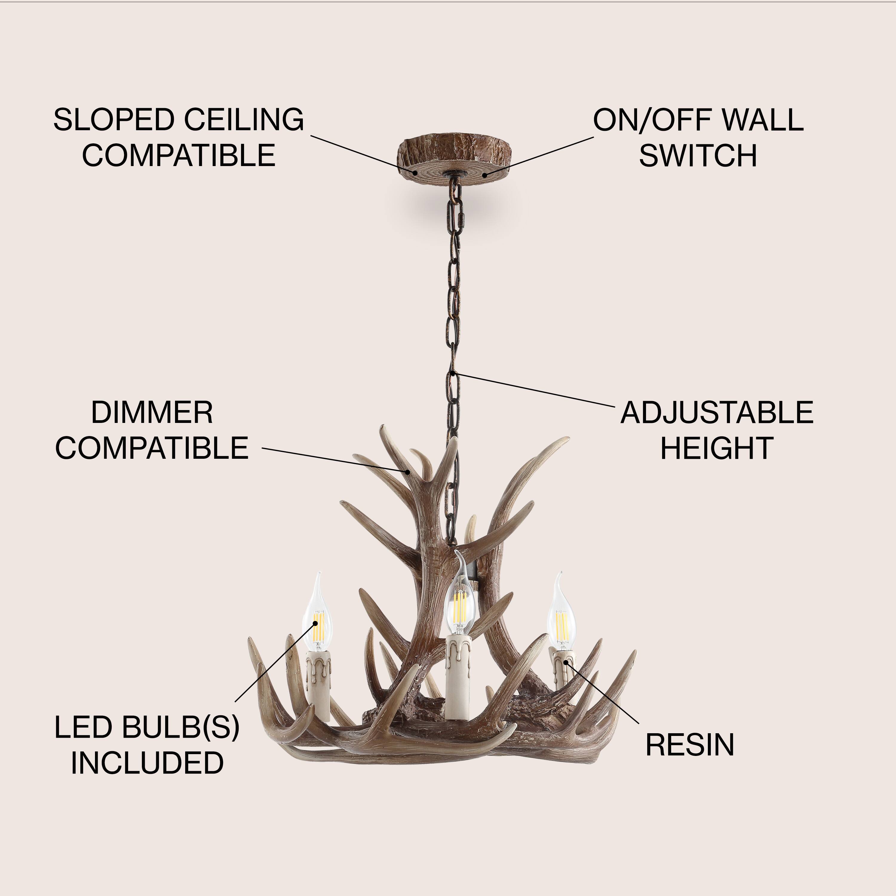 SLOPED CEILING COMPATIBLE  
ON/OFF WALL SWITCH  
DIMMER COMPATIBLE  
ADJUSTABLE HEIGHT  
LED BULB(S) INCLUDED  
RESIN