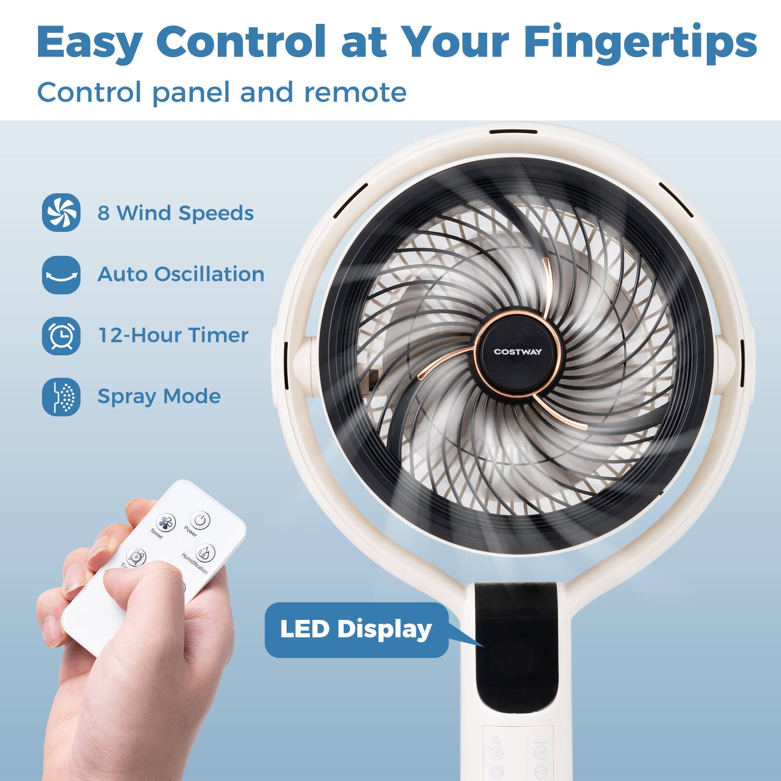 Easy Control at Your Fingertips  
Control panel and remote  
8 Wind Speeds  
Auto Oscillation  
12-Hour Timer  
Spray Mode  
LED Display