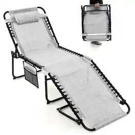 Gymax - Folding Chaise Lounge Portable Lay Flat Reclining Chair w/ 4-Level Backrest Side Pocket - Gray
