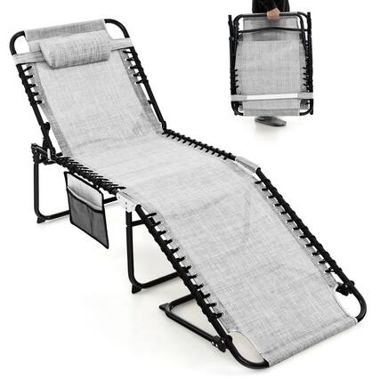 Front. Gymax - Gymax Folding Chaise Lounge Portable Lay Flat Reclining Chair w/ 4-Level Backrest Side Pocket Gray - Gray.