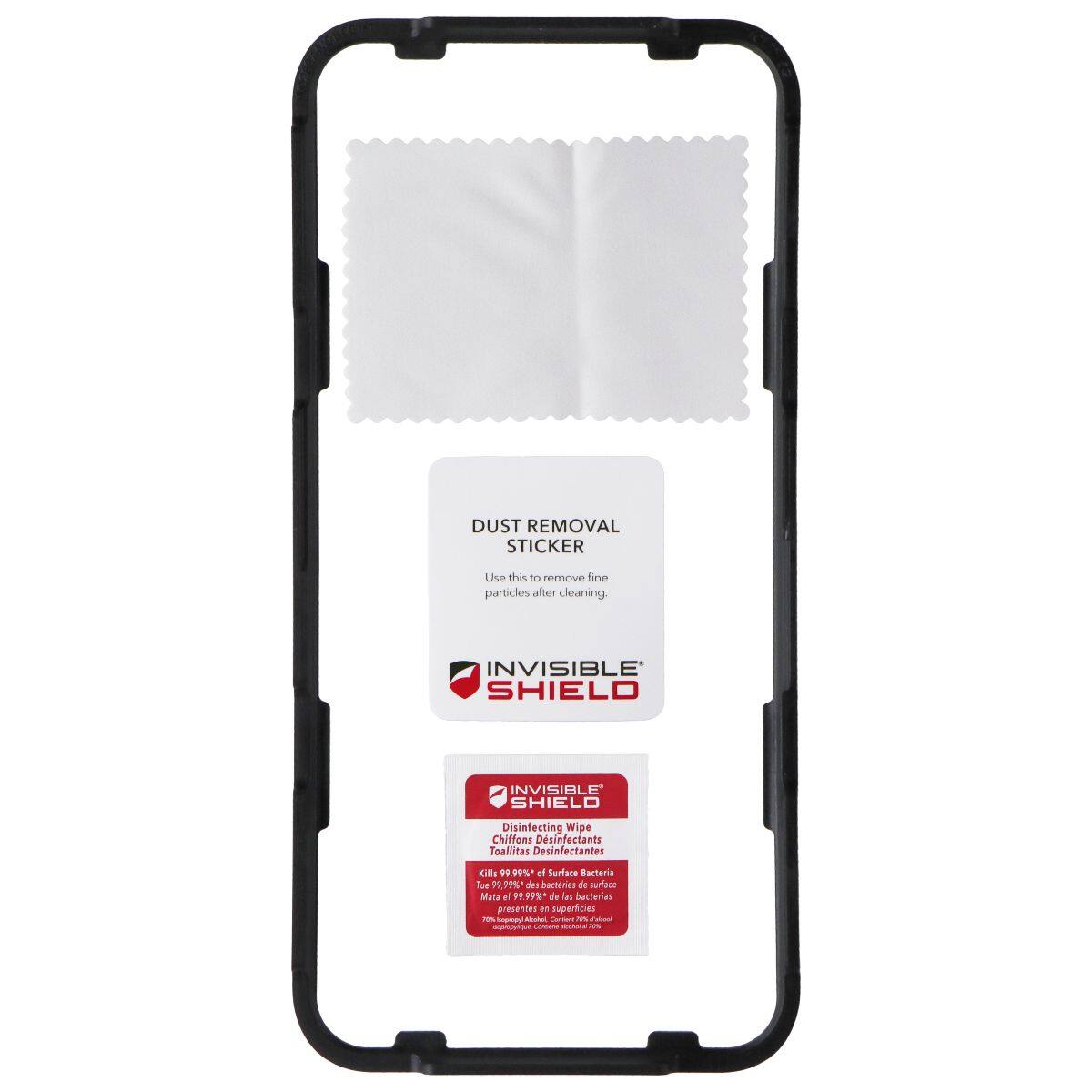 DUST REMOVAL STICKER  
Use this to remove fine particles after cleaning.  

INVISIBLE SHIELD  
Disinfecting Wipe  
Chiffons Désinfectants  
Desinfectantes  
Kills 99.9% of Surface Bacteria  
Mata el 99.9% de las bacterias presentes en superficies