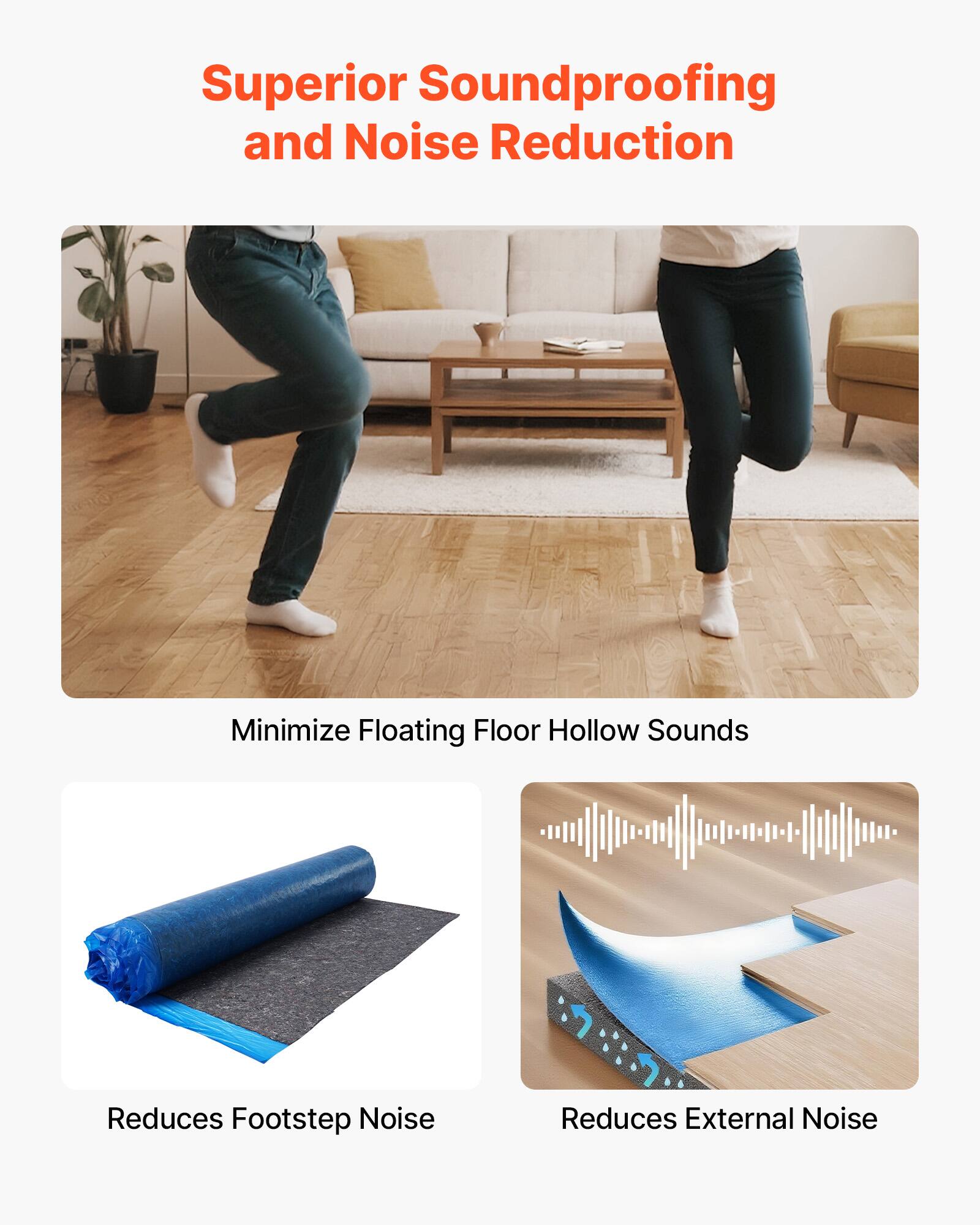 Superior Soundproofing and Noise Reduction  
Minimize Floating Floor Hollow Sounds  
Reduces Footstep Noise  
Reduces External Noise