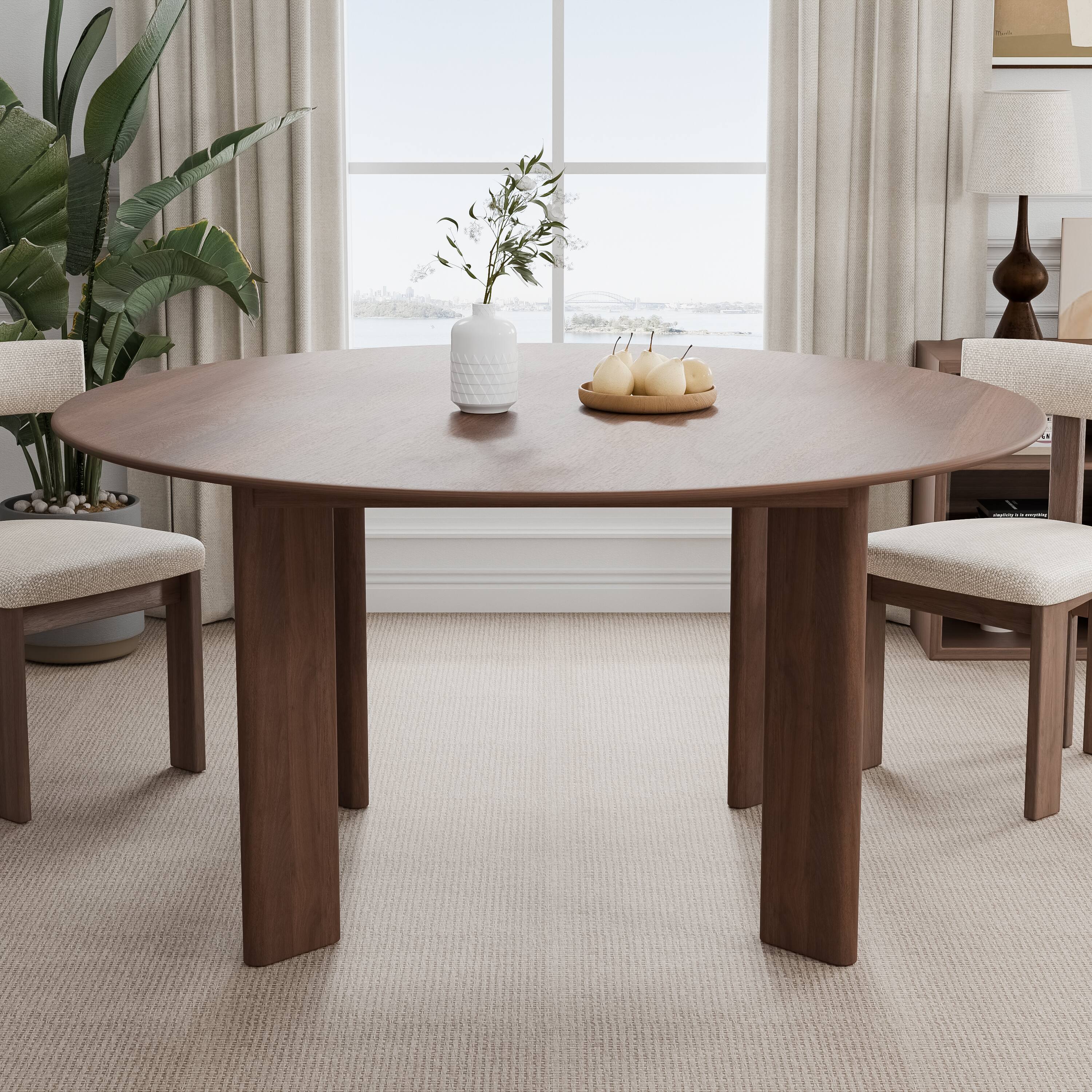 Front. Lirago - 59in. Tapered Leg Round Walnut Dining Table Solid Wood Timeless Style,Seats 10 People - Brown.